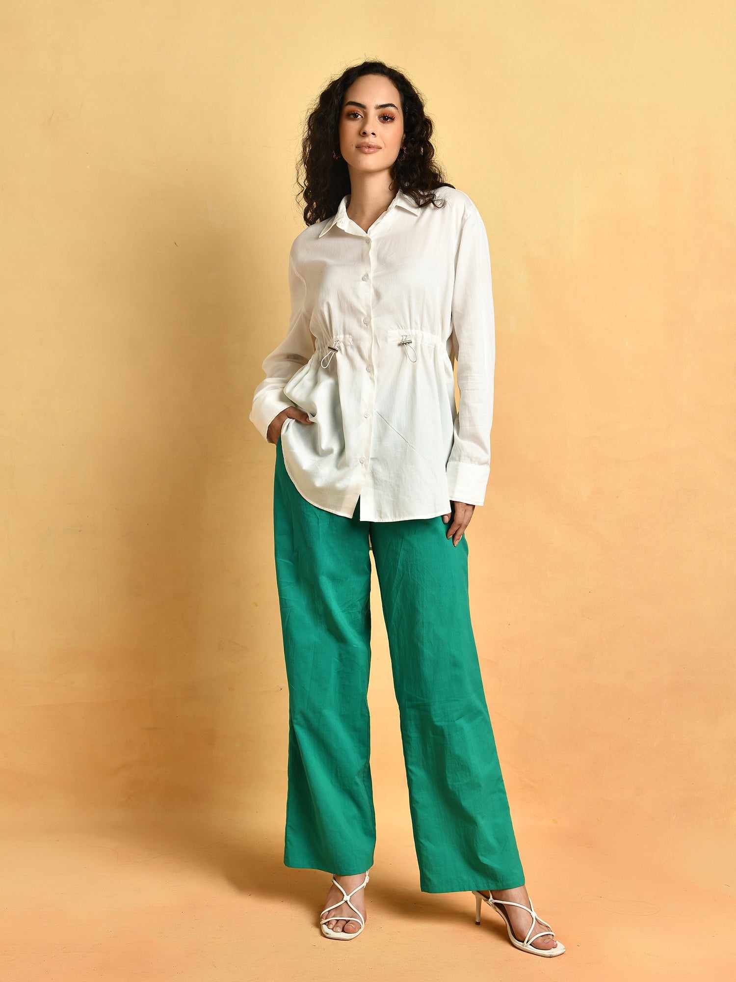 white cinched shirt with toggle