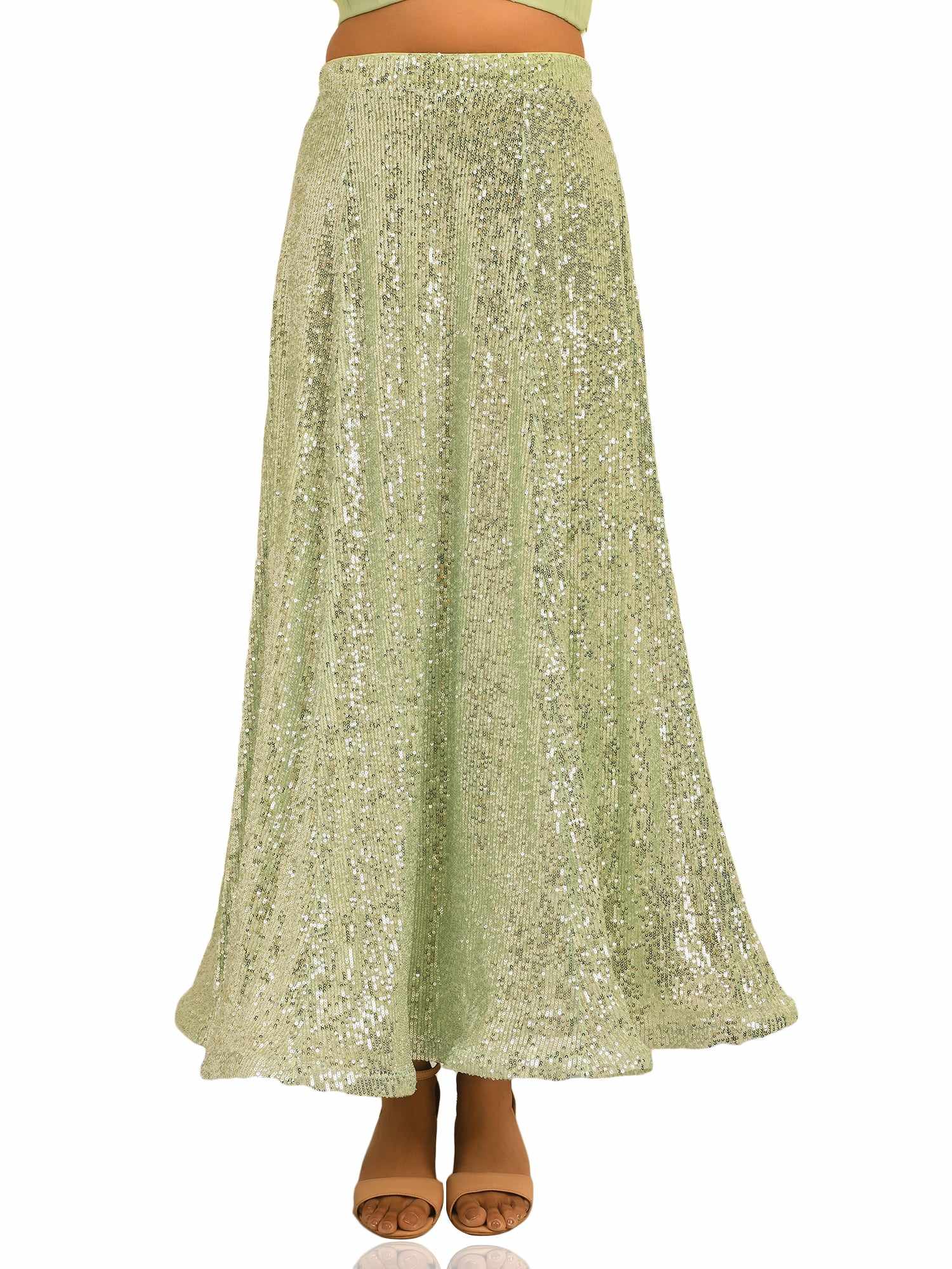 sequined tulle floor length light green skirt