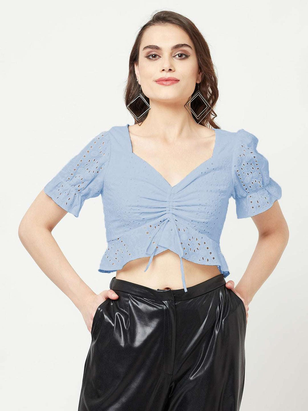 blue schiffli top with front ruche