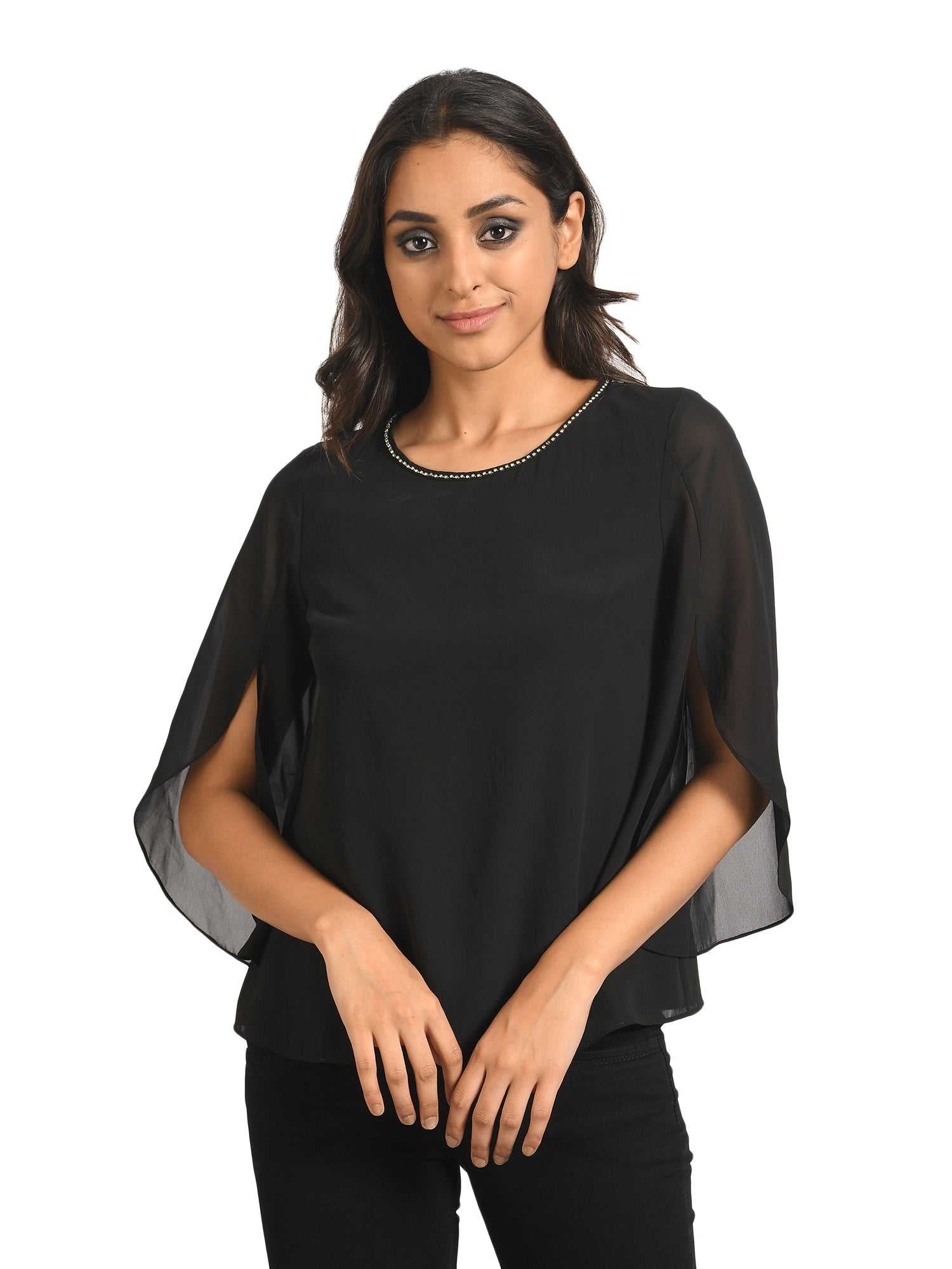 petal sleeve black top