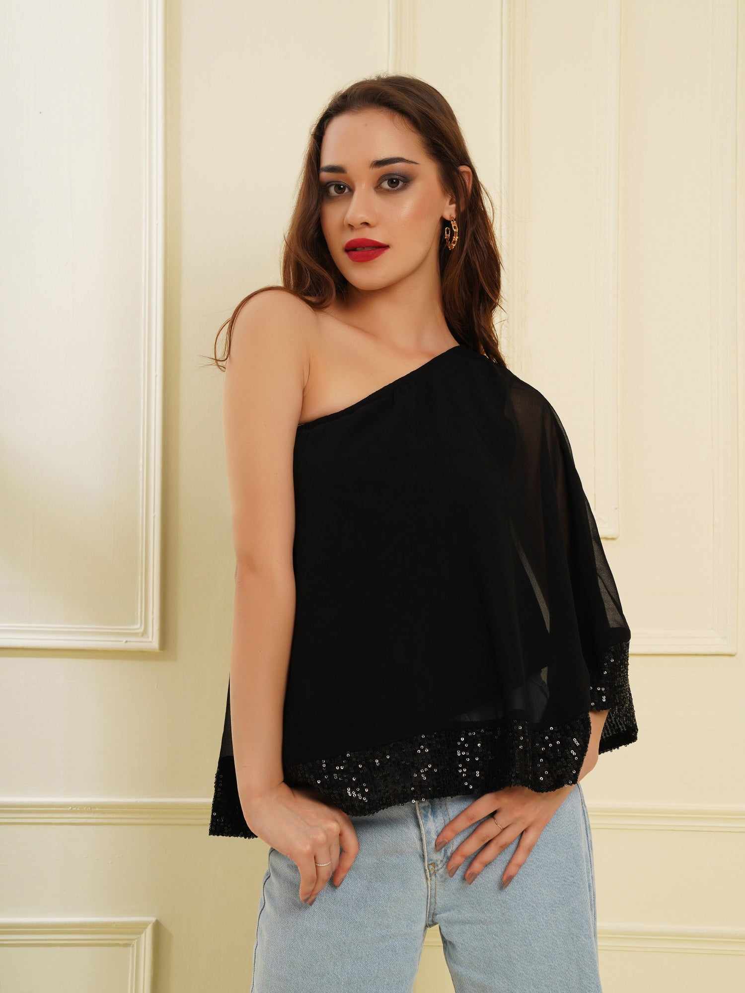 one shoulder cape black top