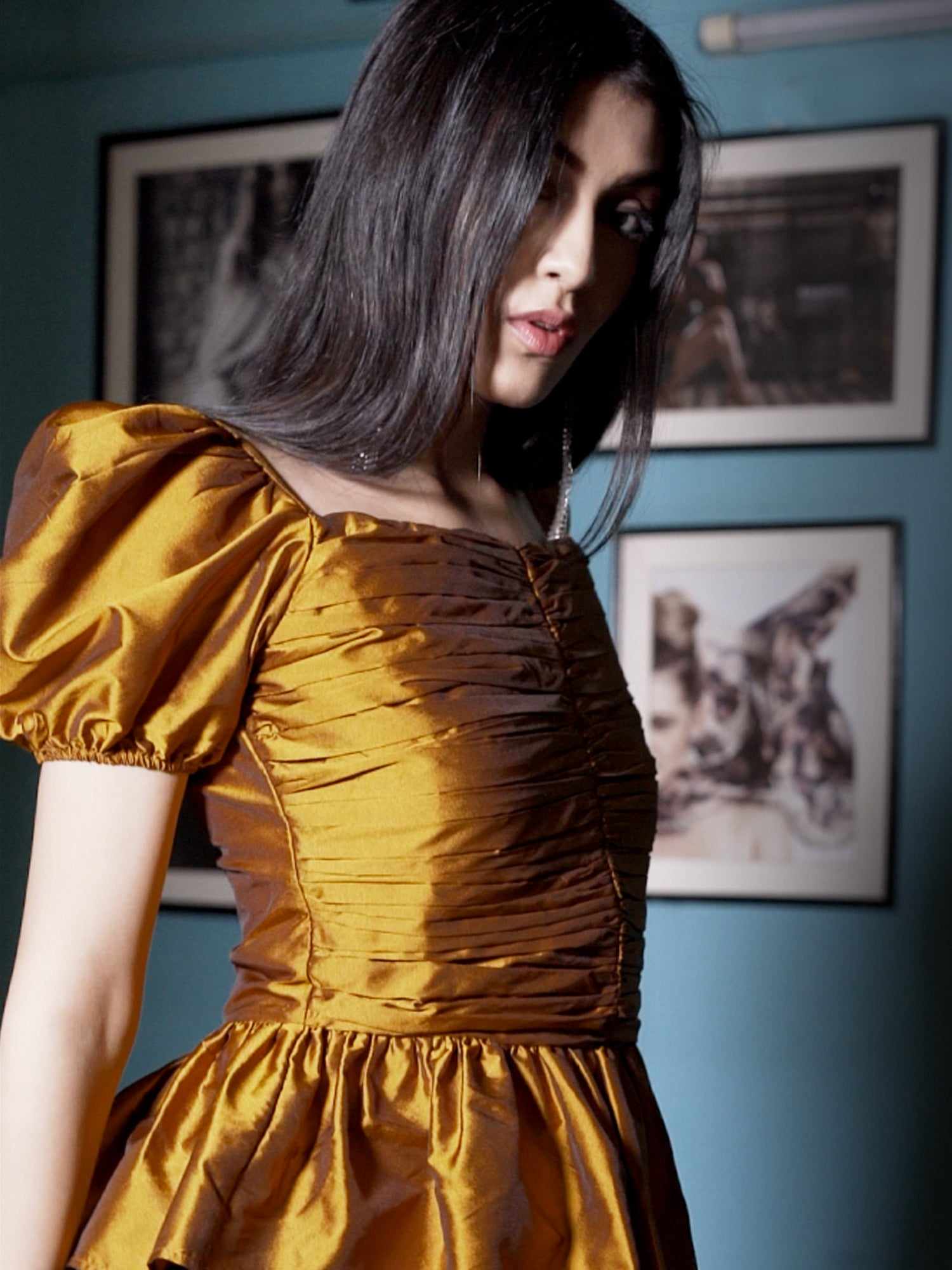 bronze ruched puff sleeves top
