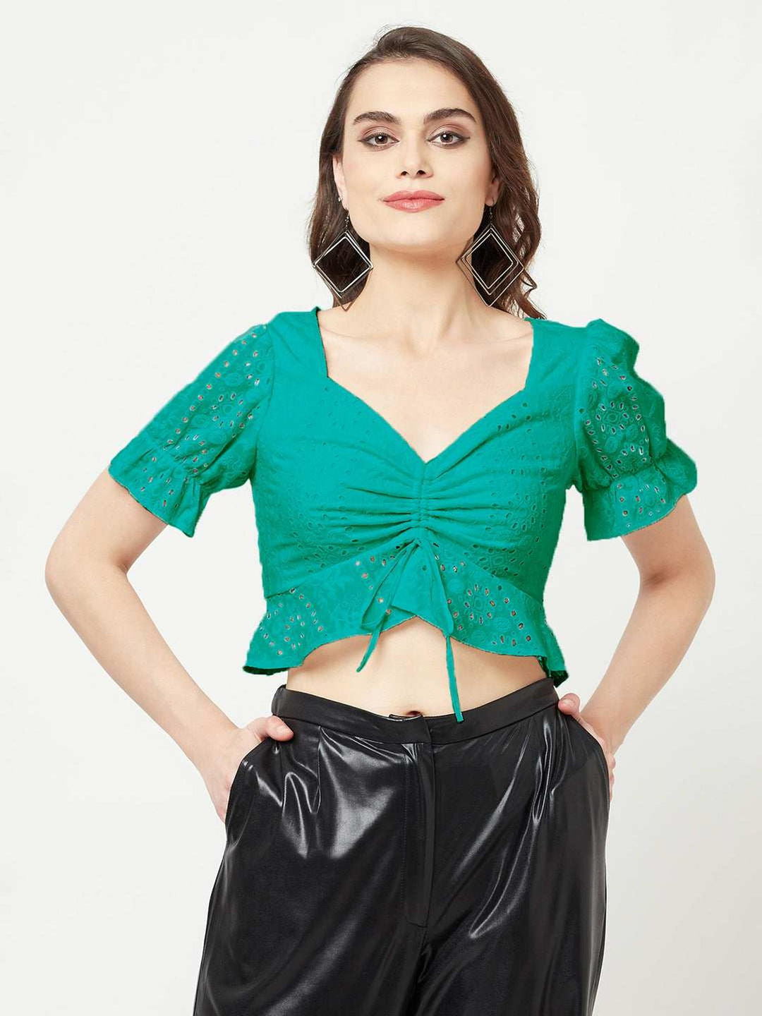 green schiffli top with front ruche