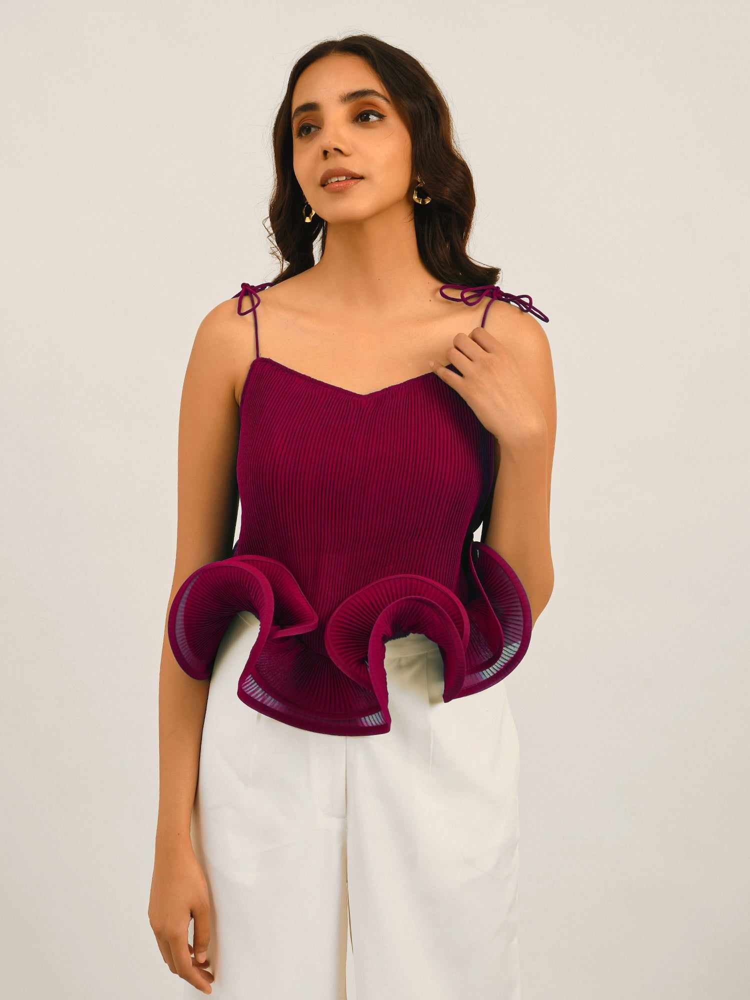 resort vacay top with dramatic hem ruffle  