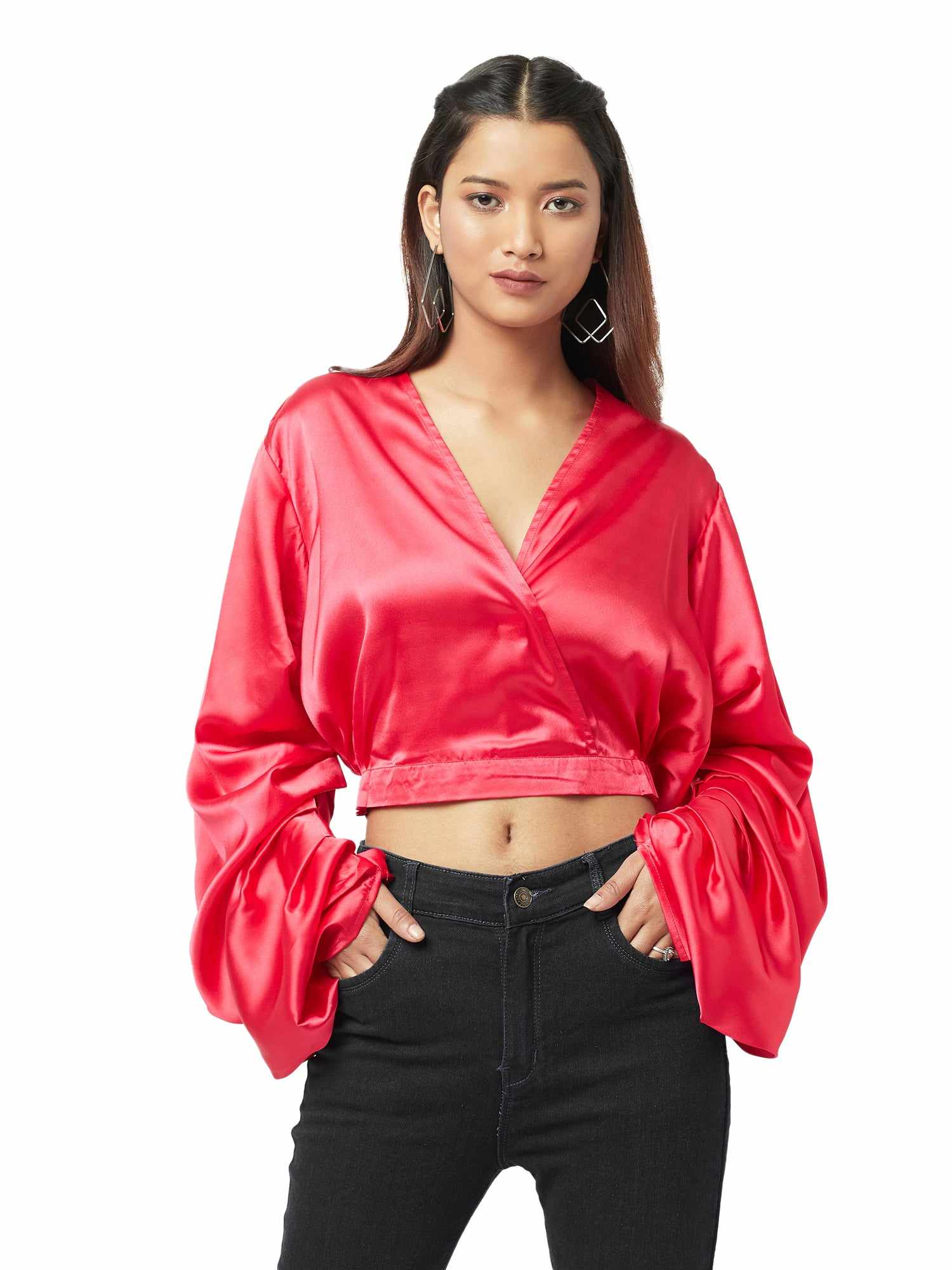 folksy pearl red satiny crop top