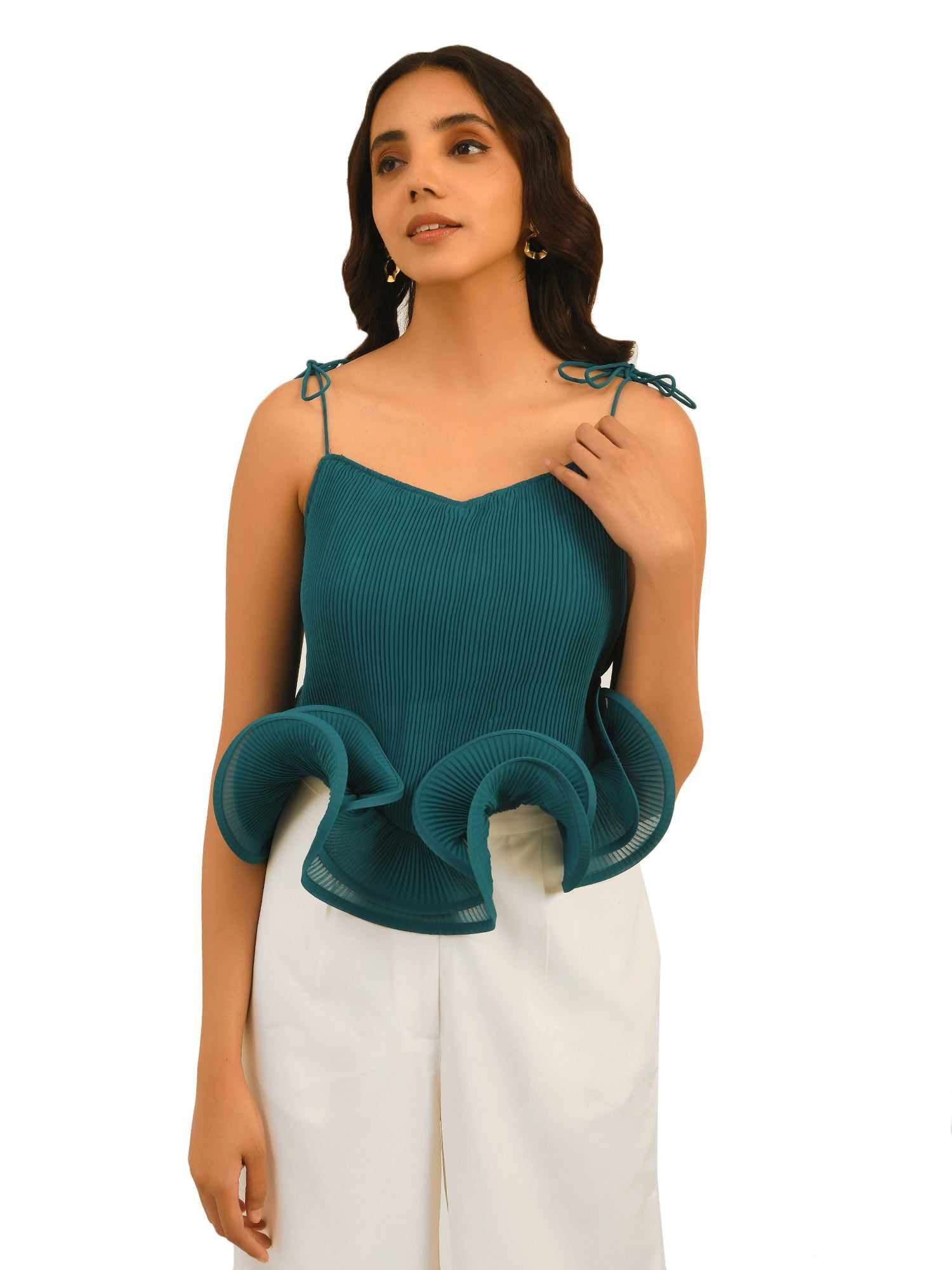 resort vacay top with dramatic hem ruffle