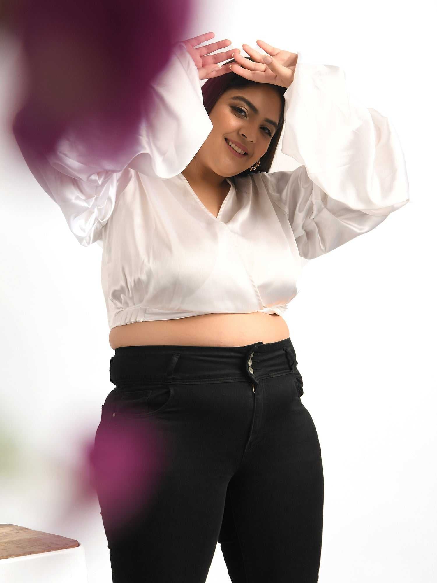 folksy pearl white satiny crop top