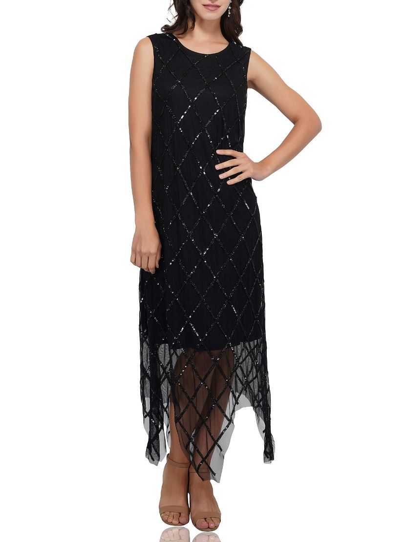 diagonal grid black sequin dress