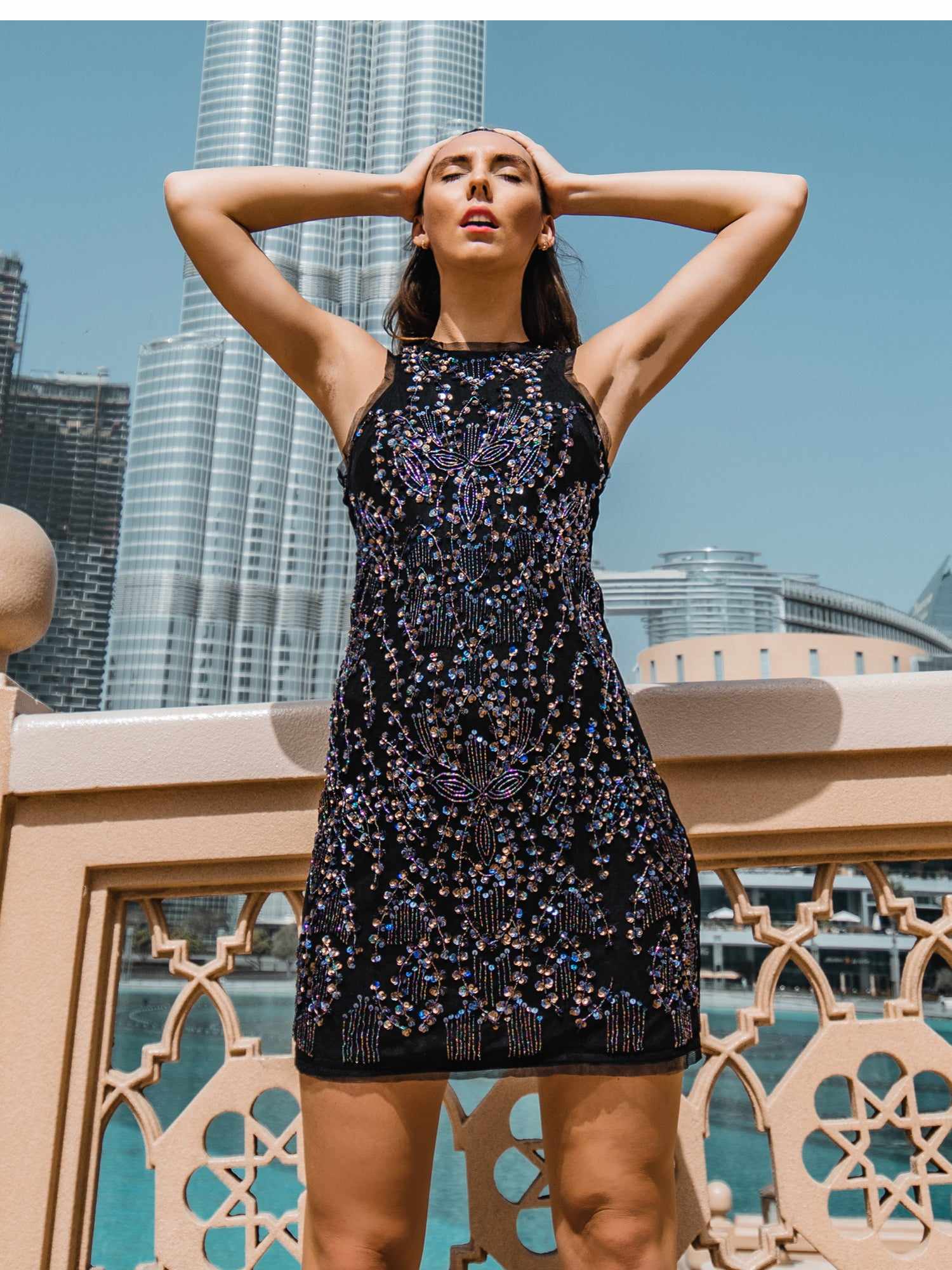 floral motifs jewel neck stretch dress