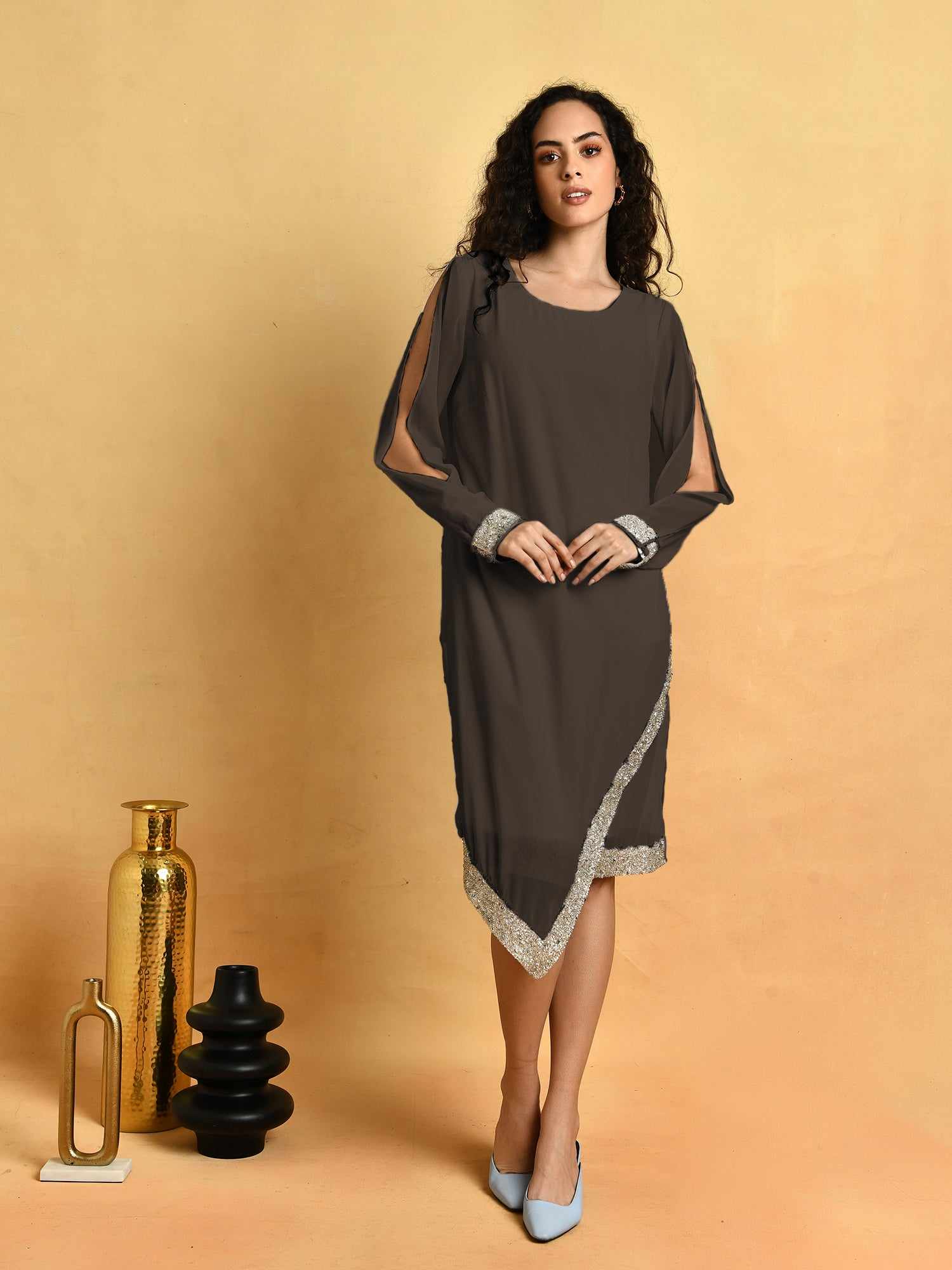 asymmetric hem cold grey sleeve dress