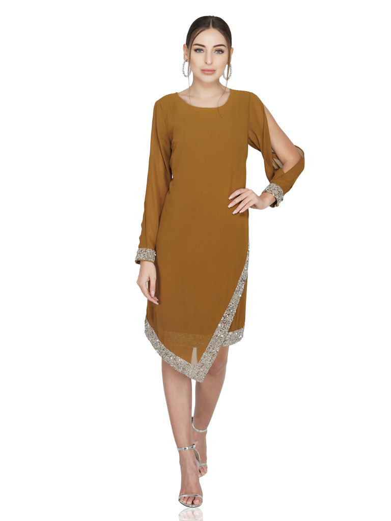 attic curves asymmetric hem cold sleeve dress  