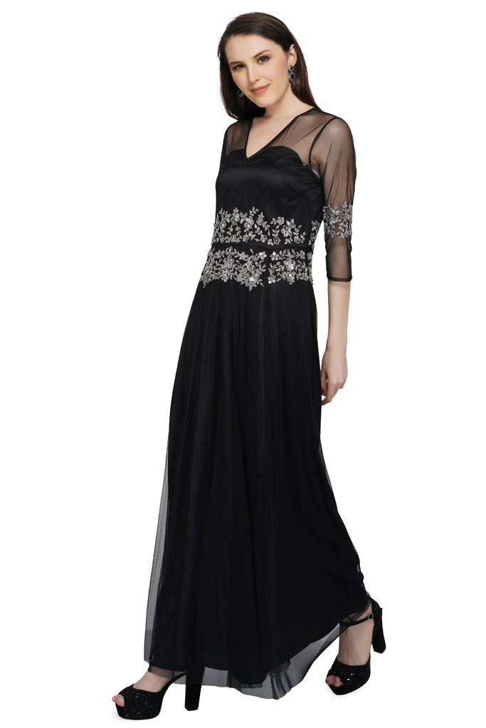 black beaded tulle gown