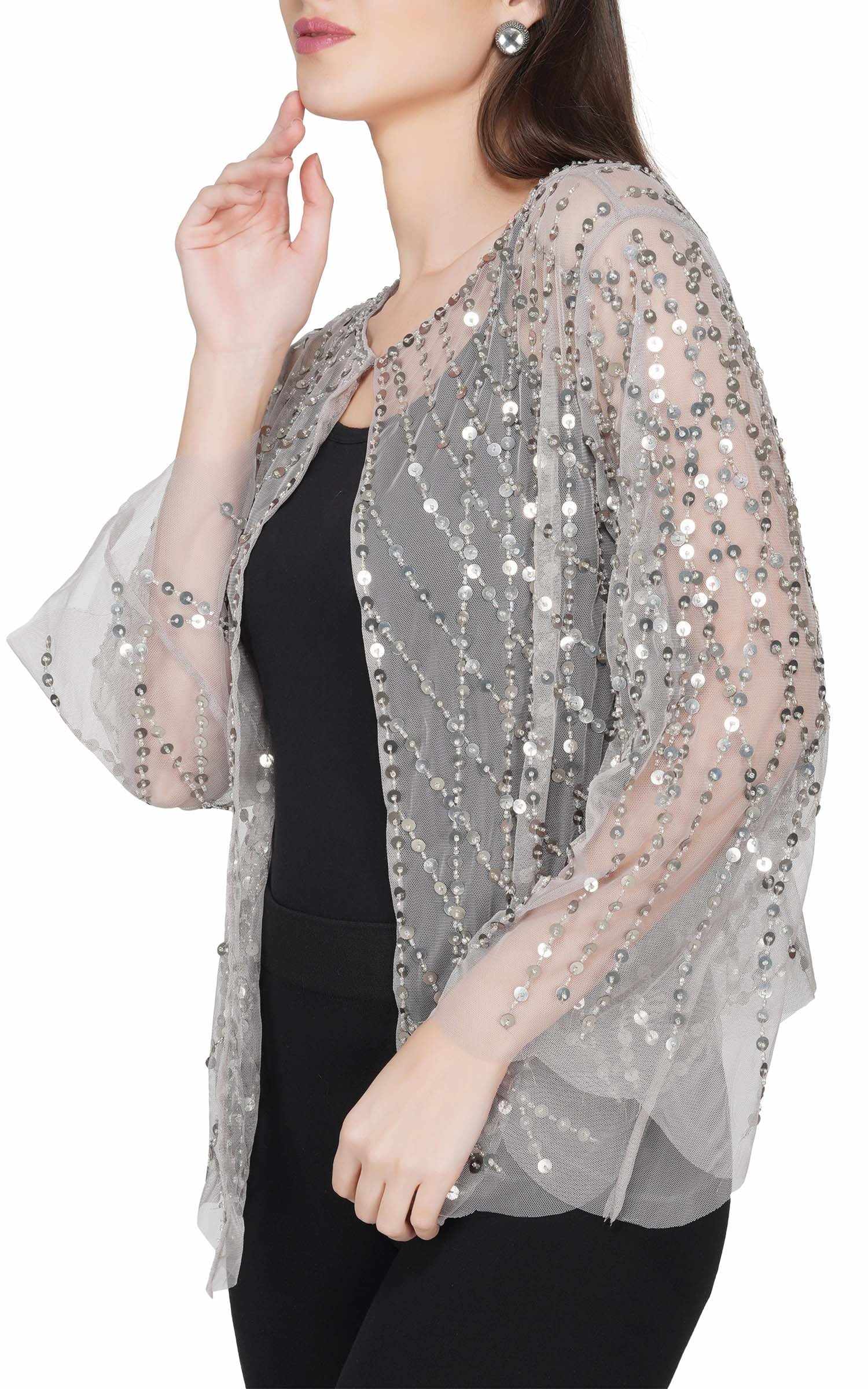 beige sequins embellished shrug jacket