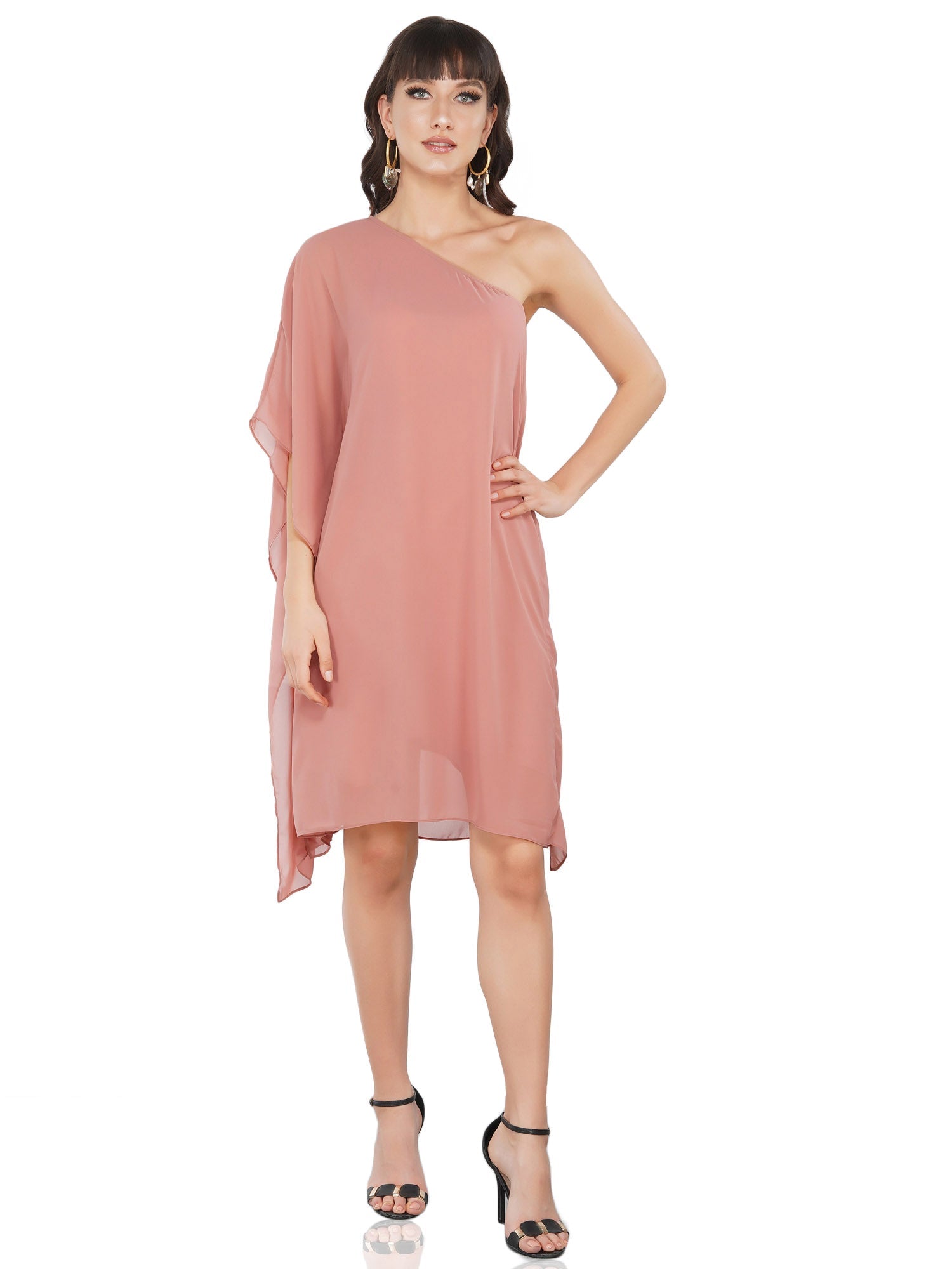 pink one shoulder draped dress