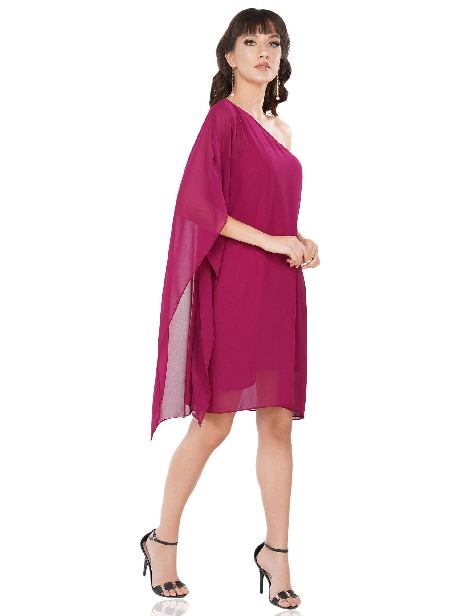 plum one shoulder draped dress