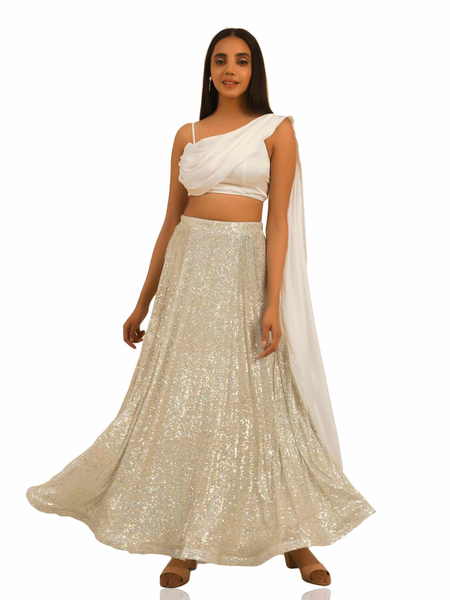 pearl white sequins skirt with satin top