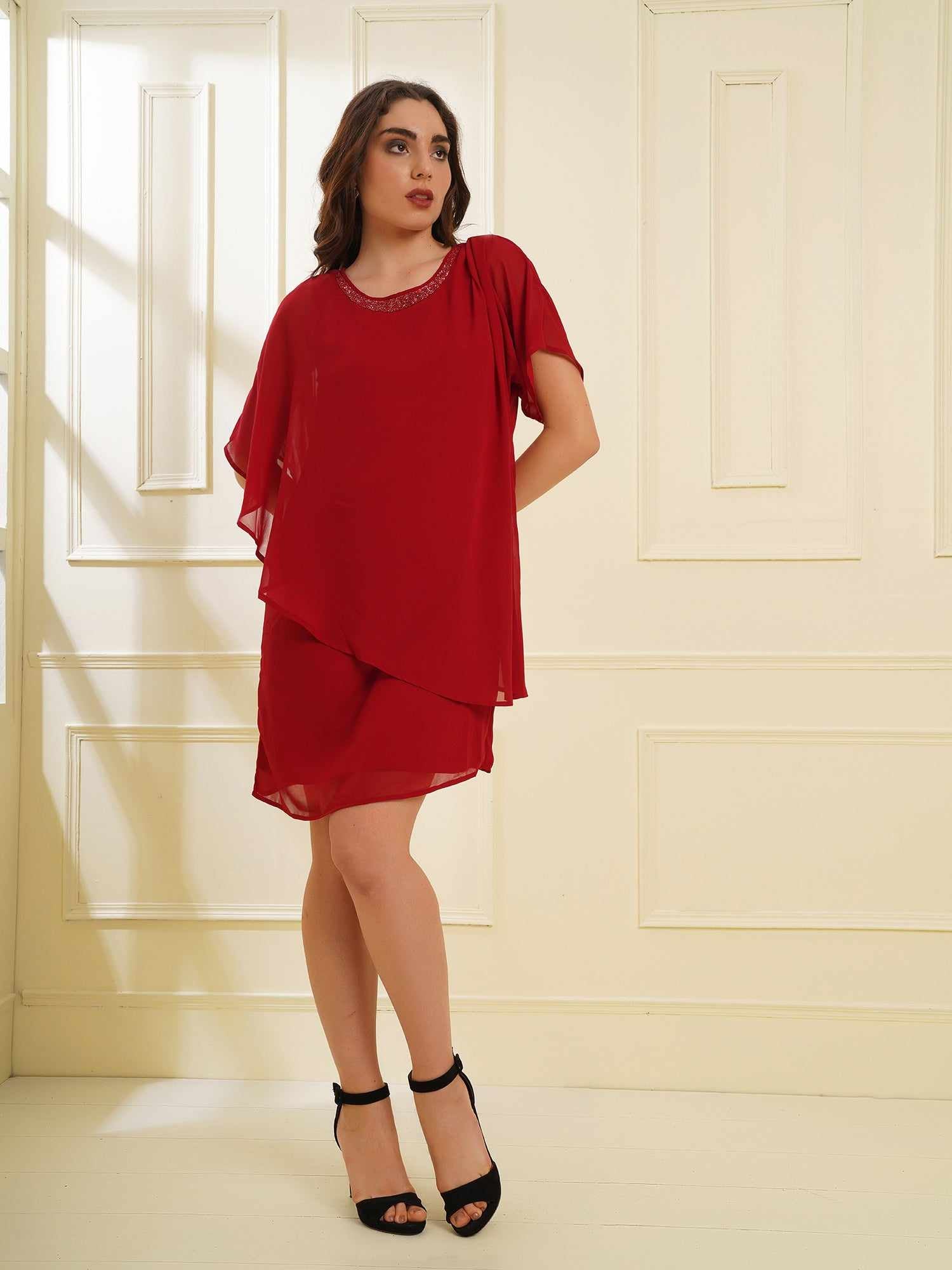 popover red dress with neck embellishment