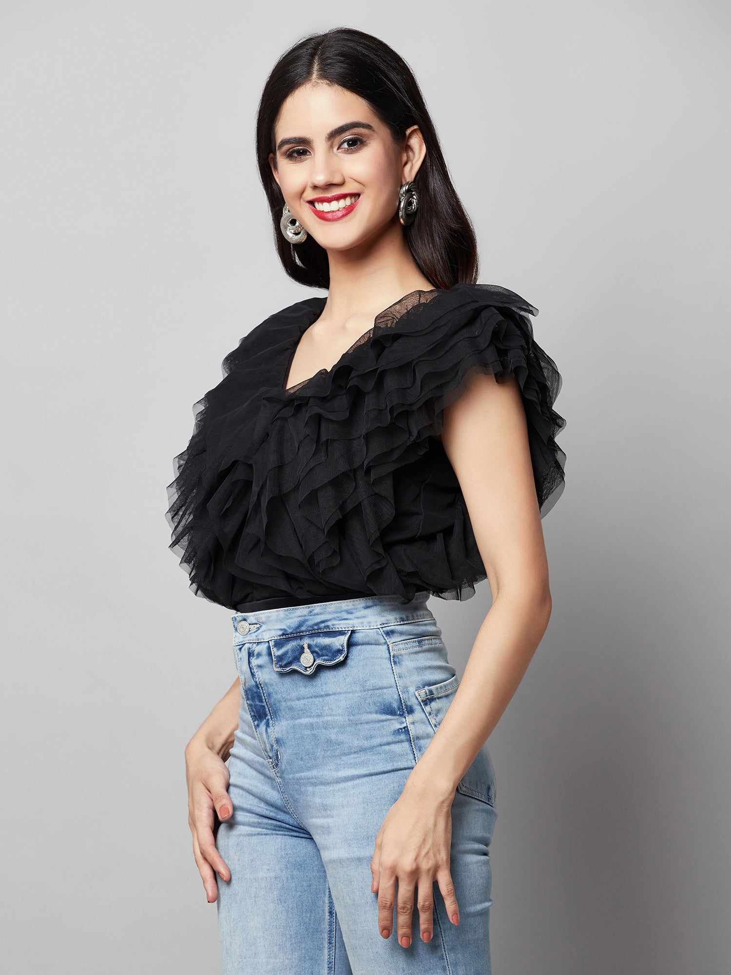 vacay multi layer black ruffle bodysuit