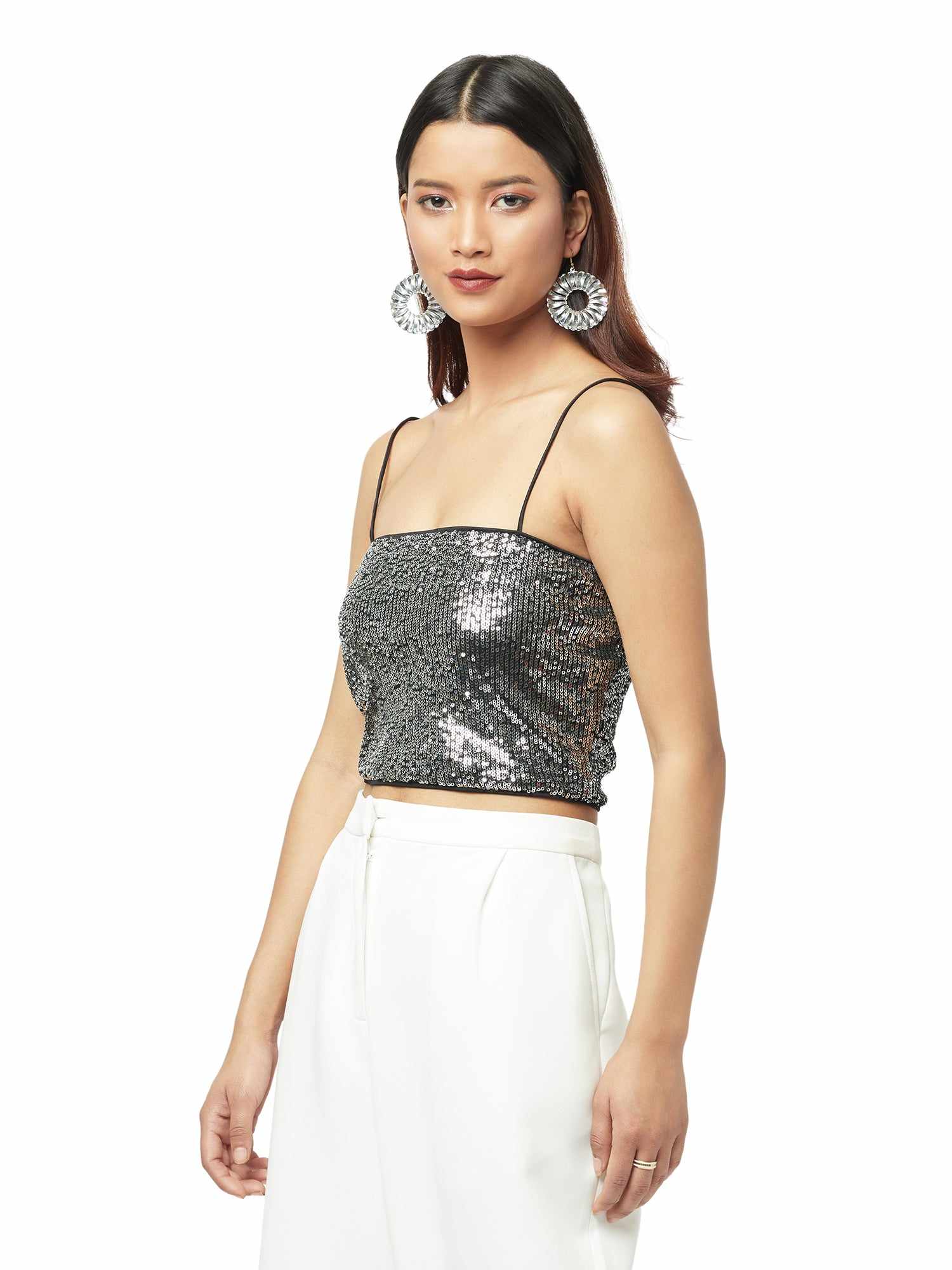glistening black strappy tank top  