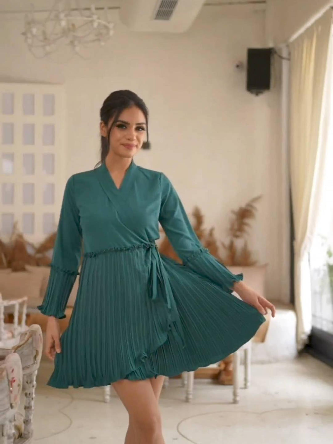 attic curves pleated wrap teal dress