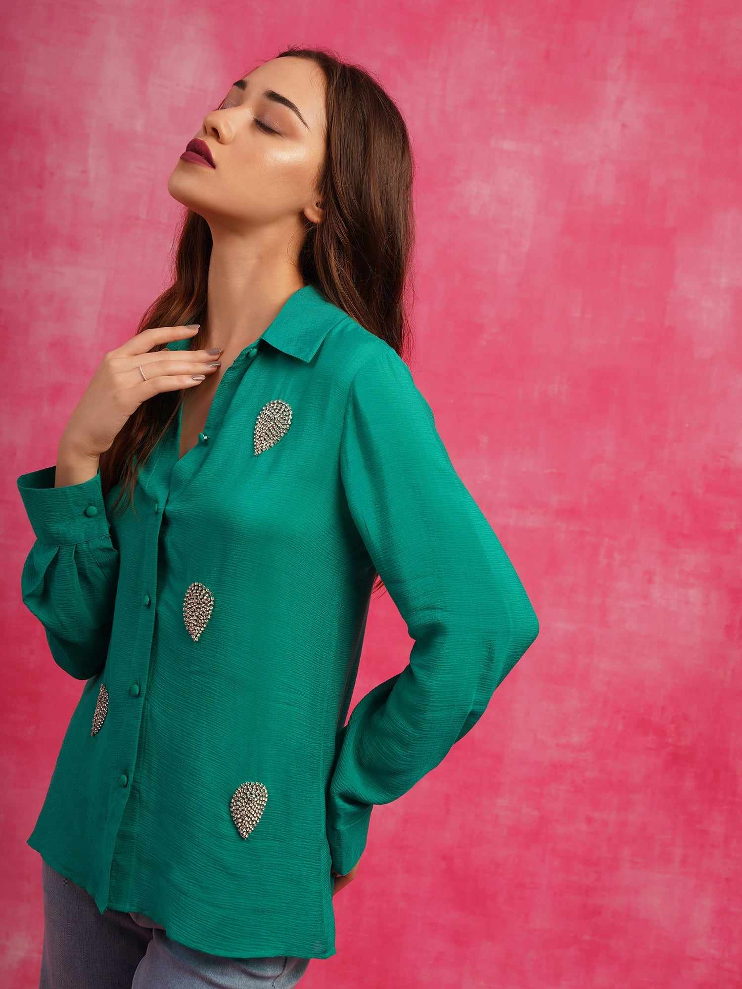 attic curves deluxe embellished green shirt