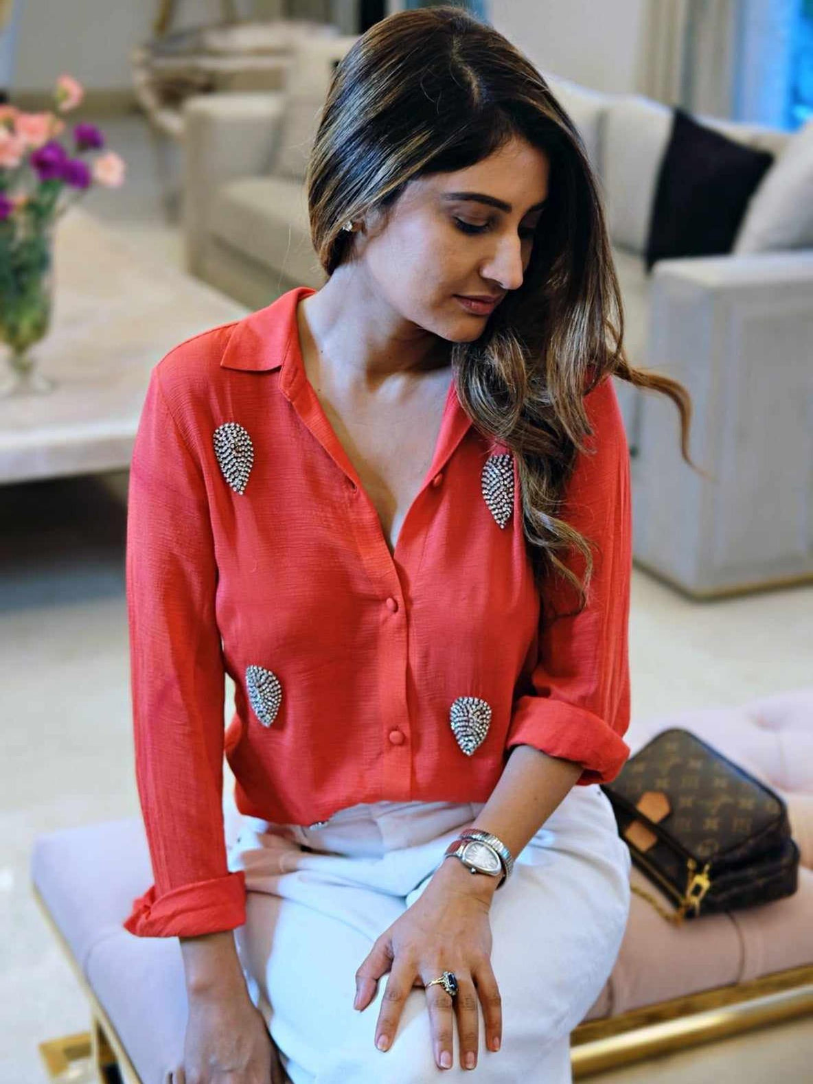 attic curves deluxe embellished red shirt