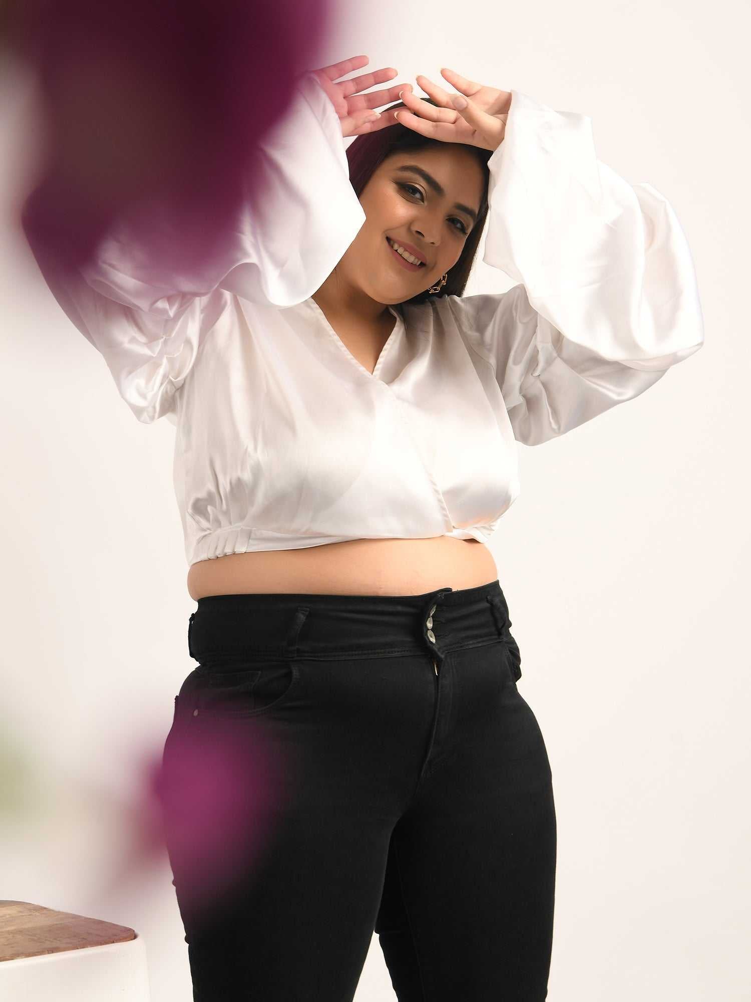 attic curves folksy pearl white satiny crop top