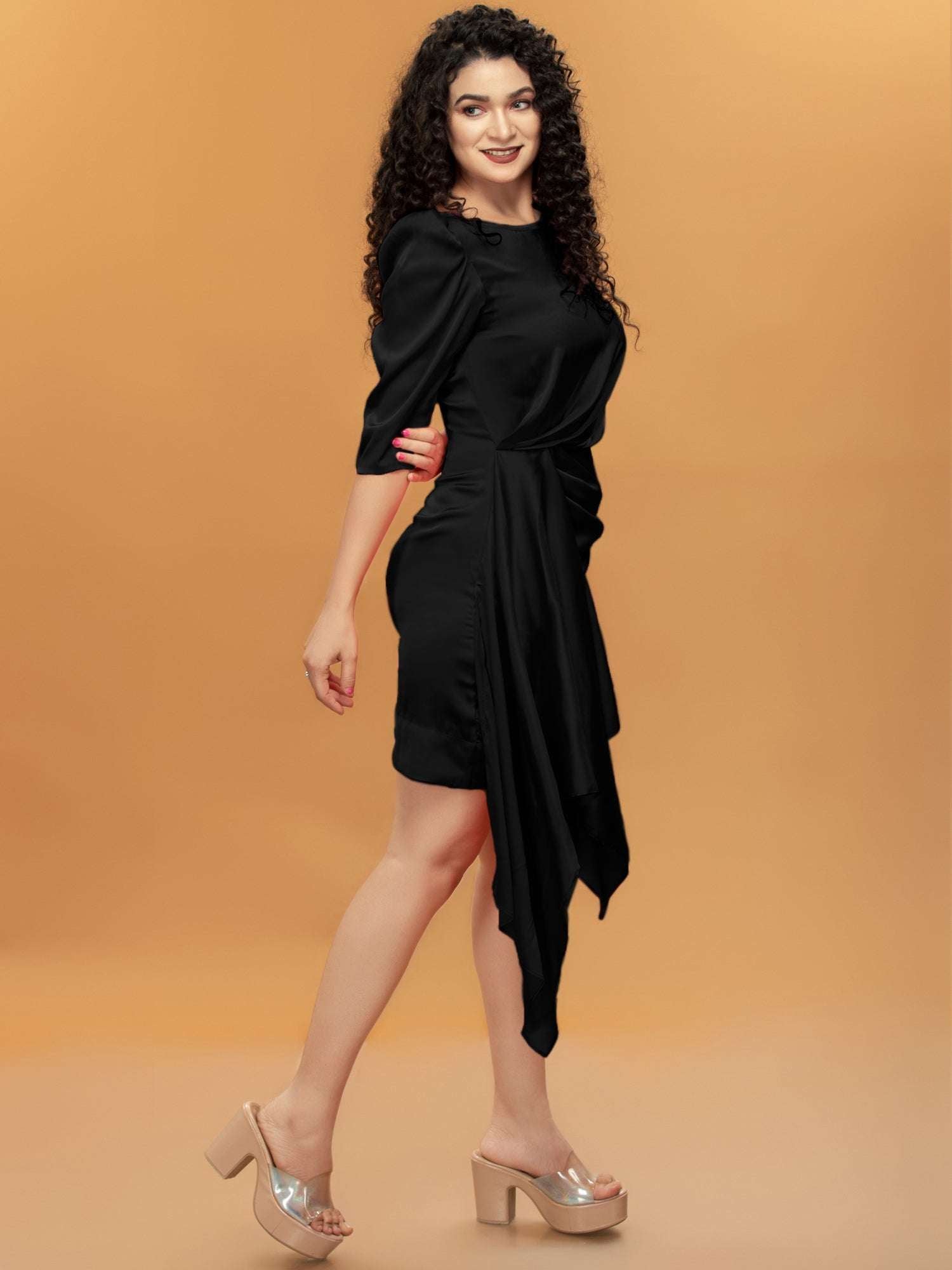 drapped wrap effect black satin mini dress