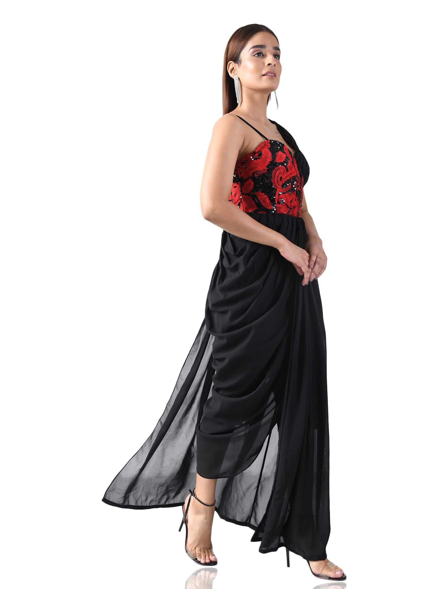 paola embroired corset black draped dress