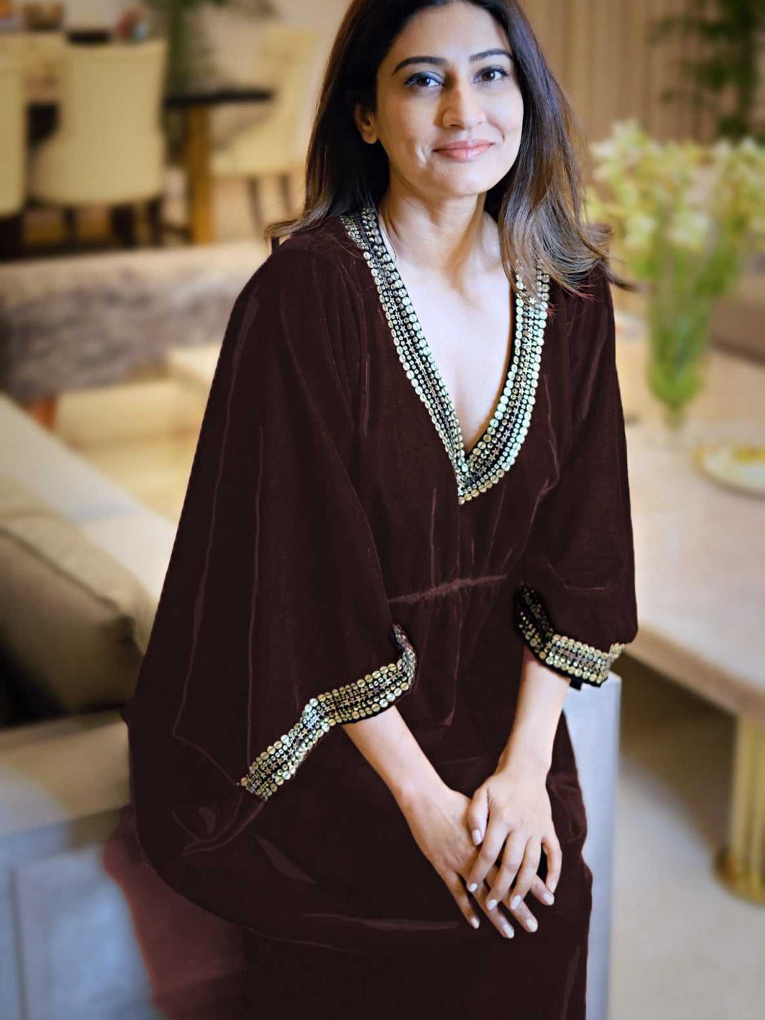 Brown & Gold Velvet Kaftan