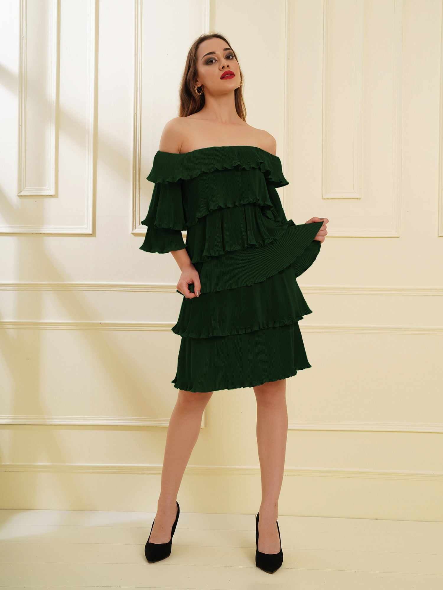 multi tier imaginative green pleat dress