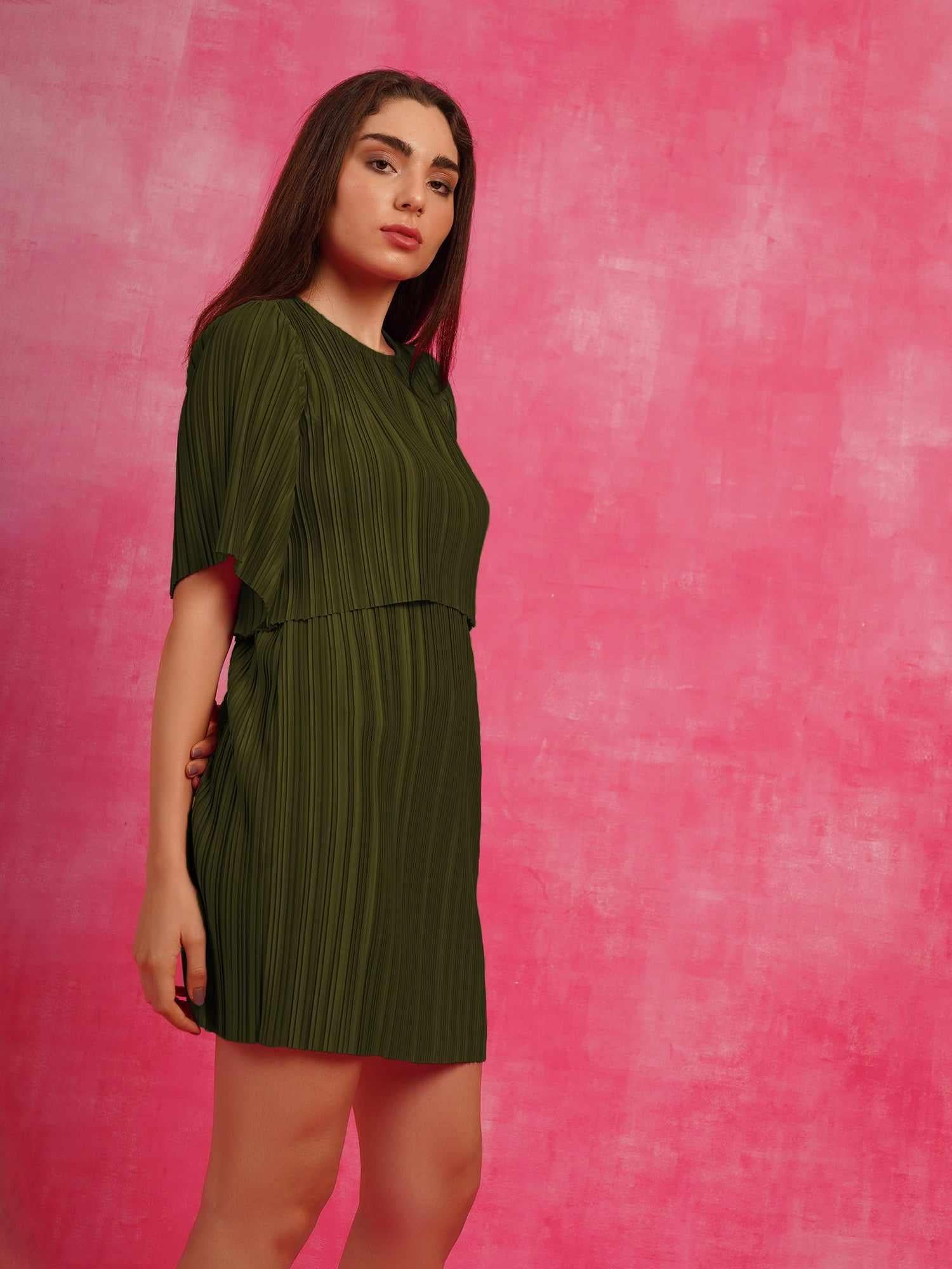 pure elegance pleated green cape dress