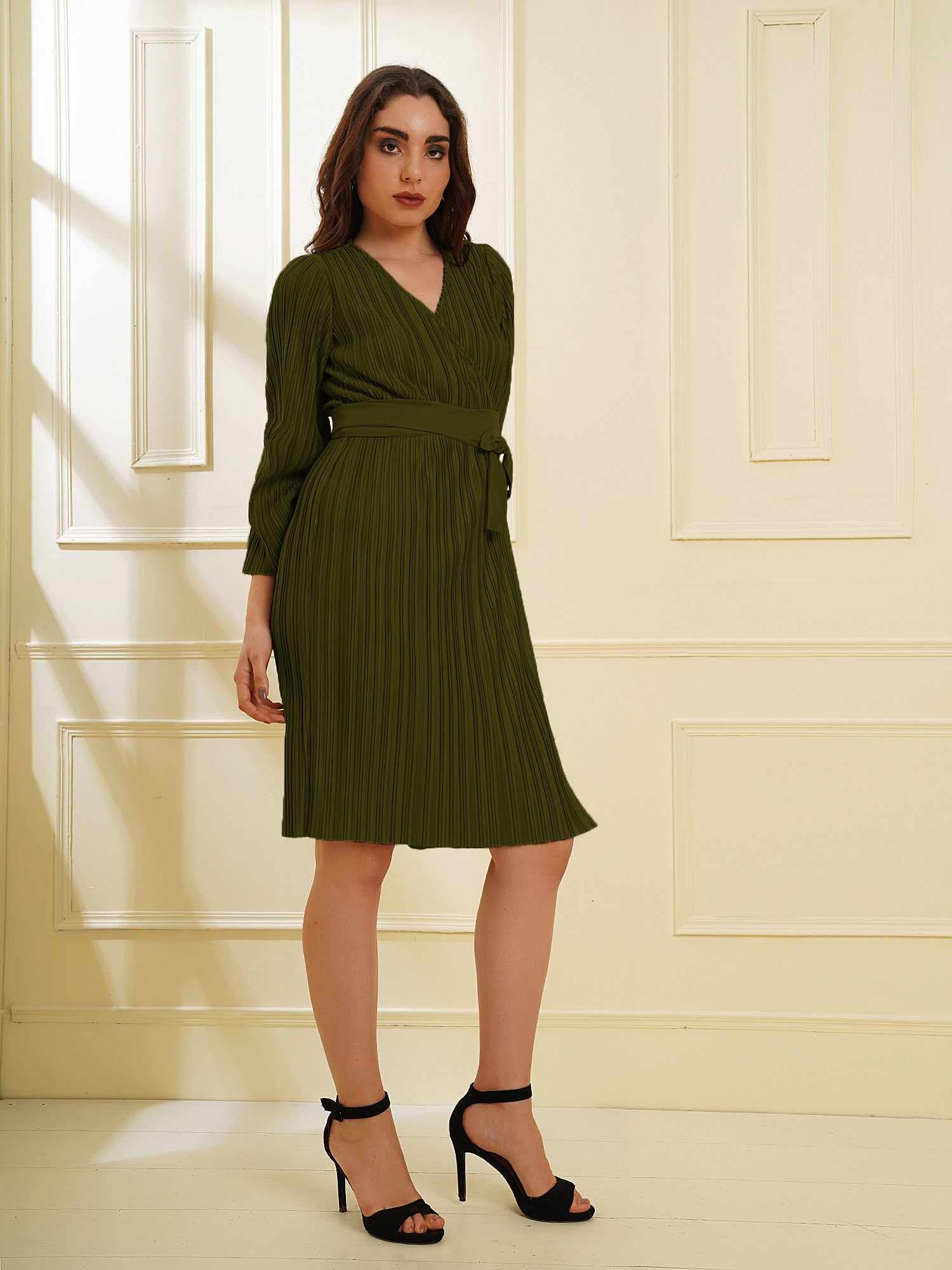 pleated green wrap knit dress