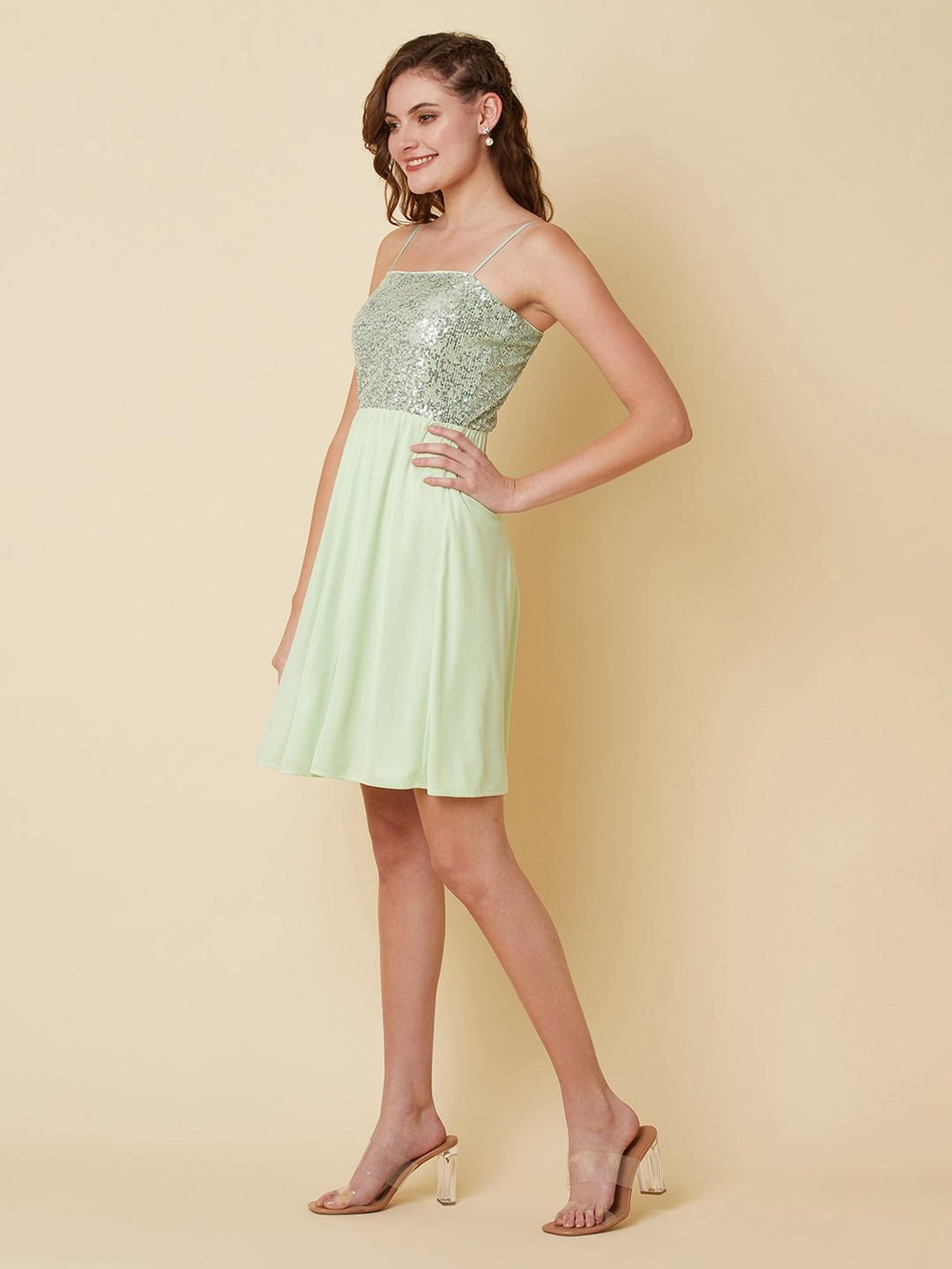 a line light green sequins dress