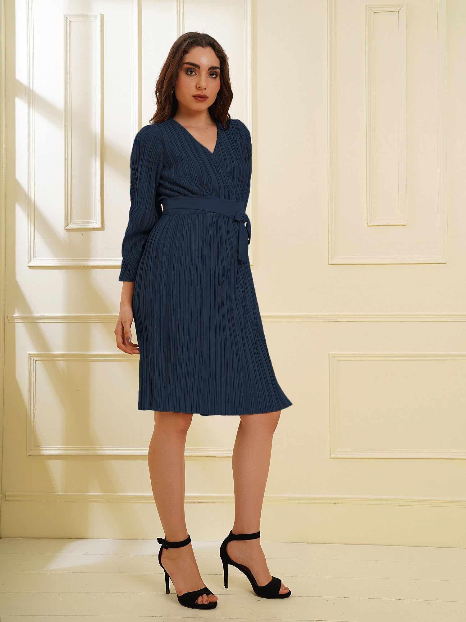 pleated navy wrap knit dress