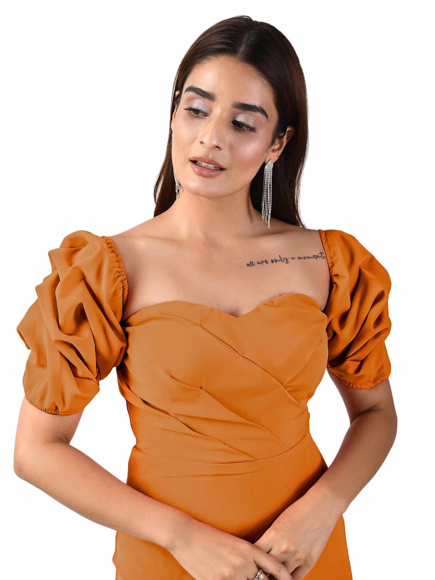 orange squesh balloon ruffle sleeve dress