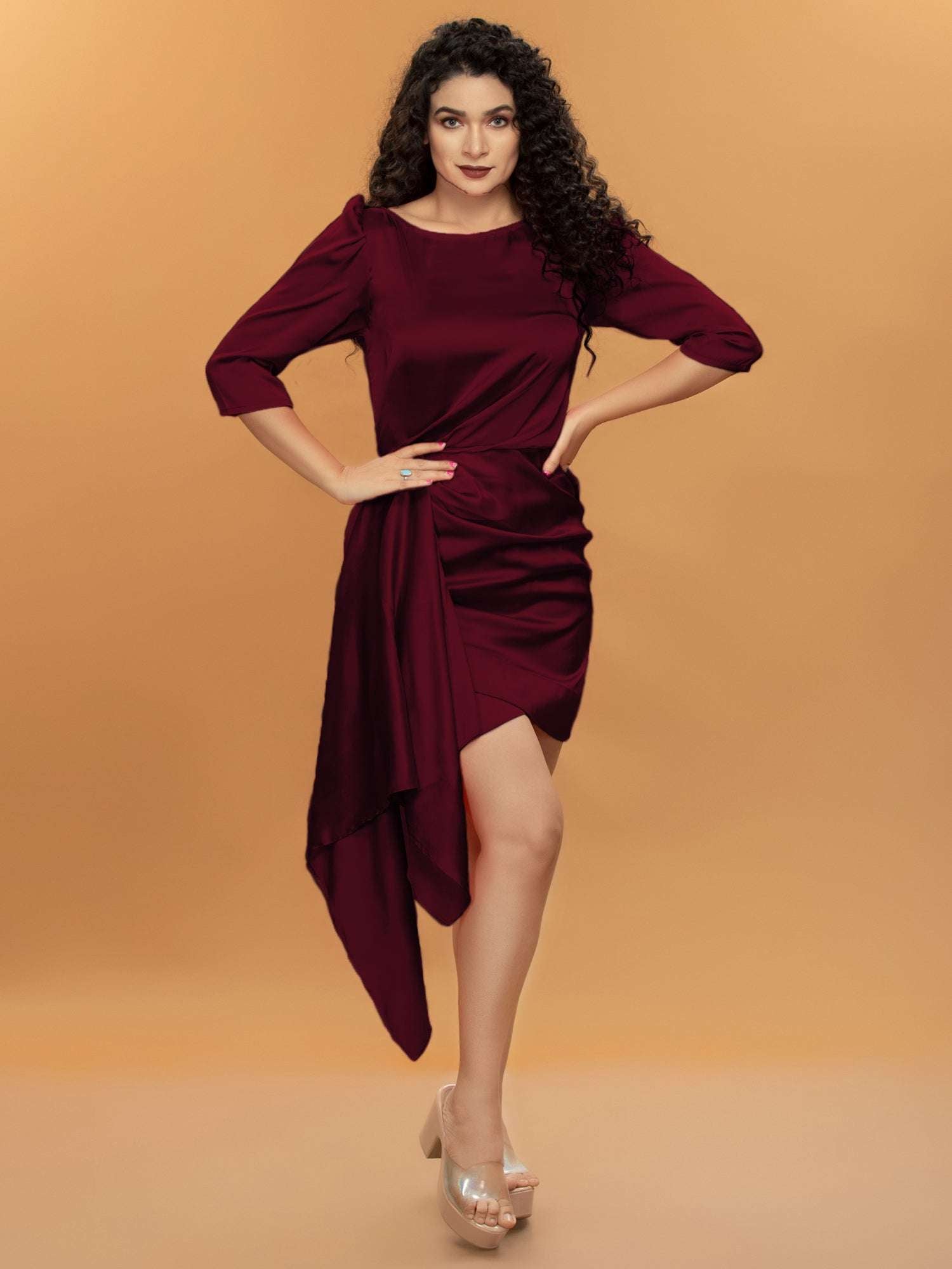 drapped wrap effect wine satin mini dress