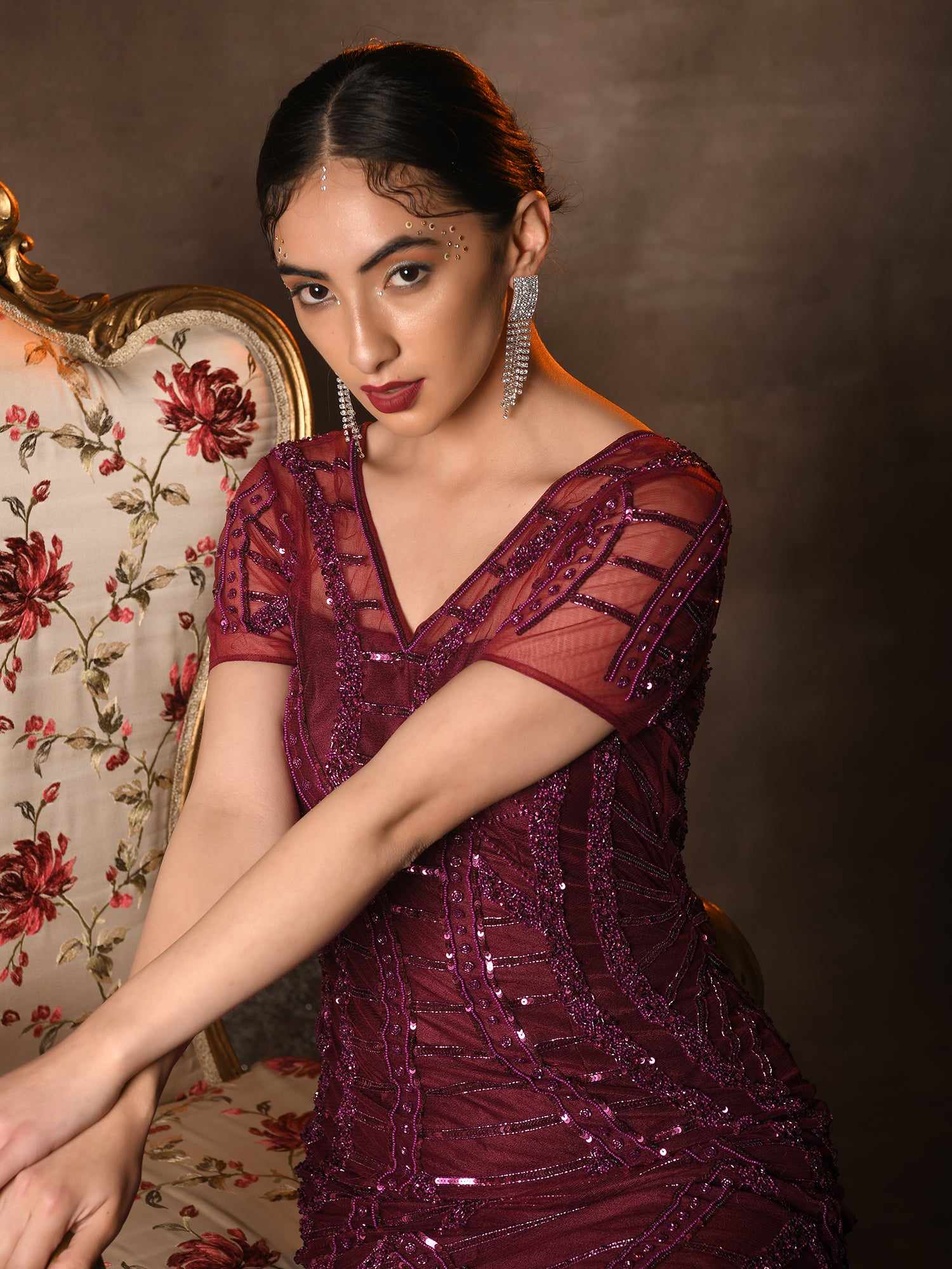 wine on wine embellished gown