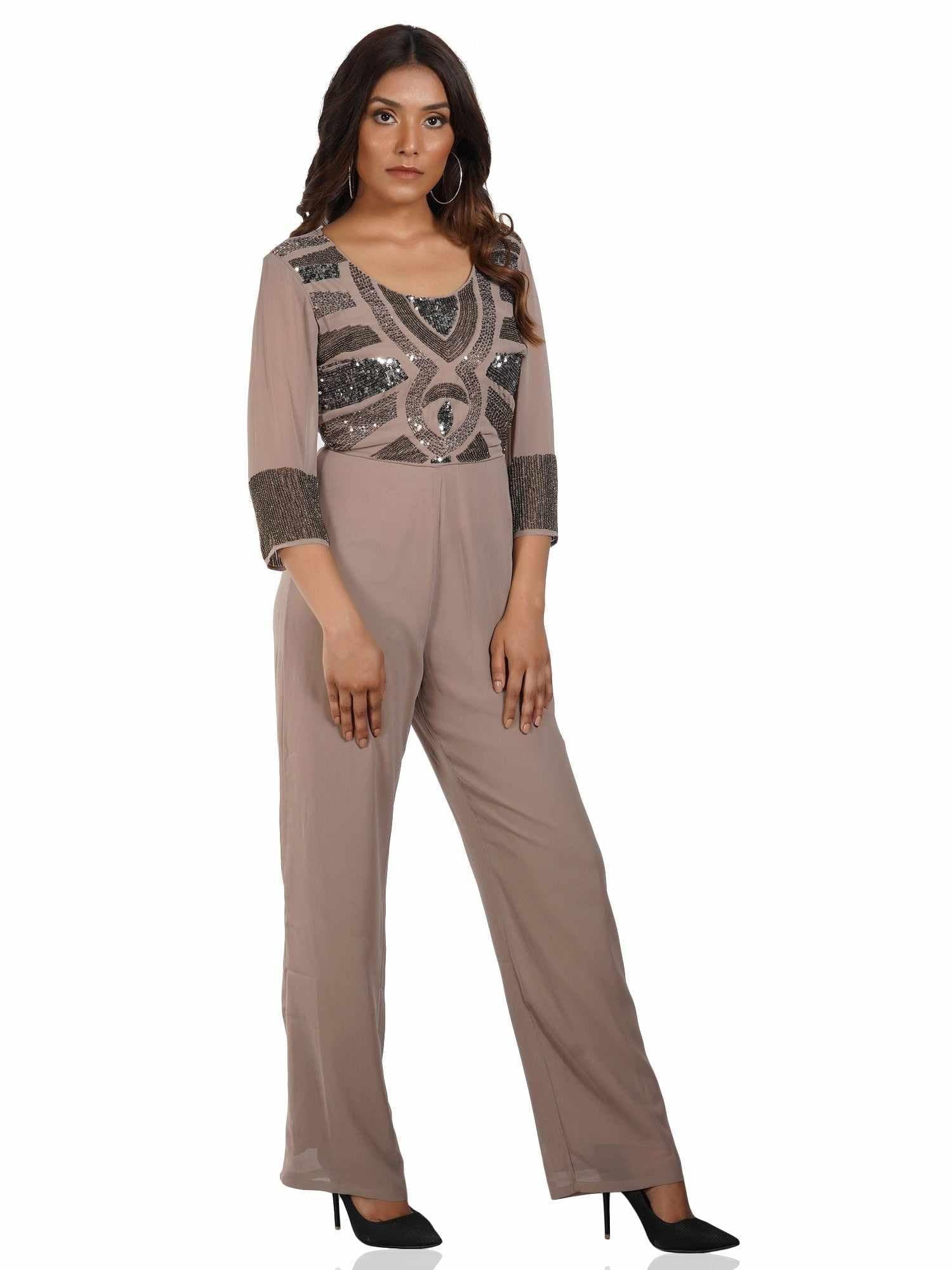 limelight stealing beige georgette embroidered jumpsuit