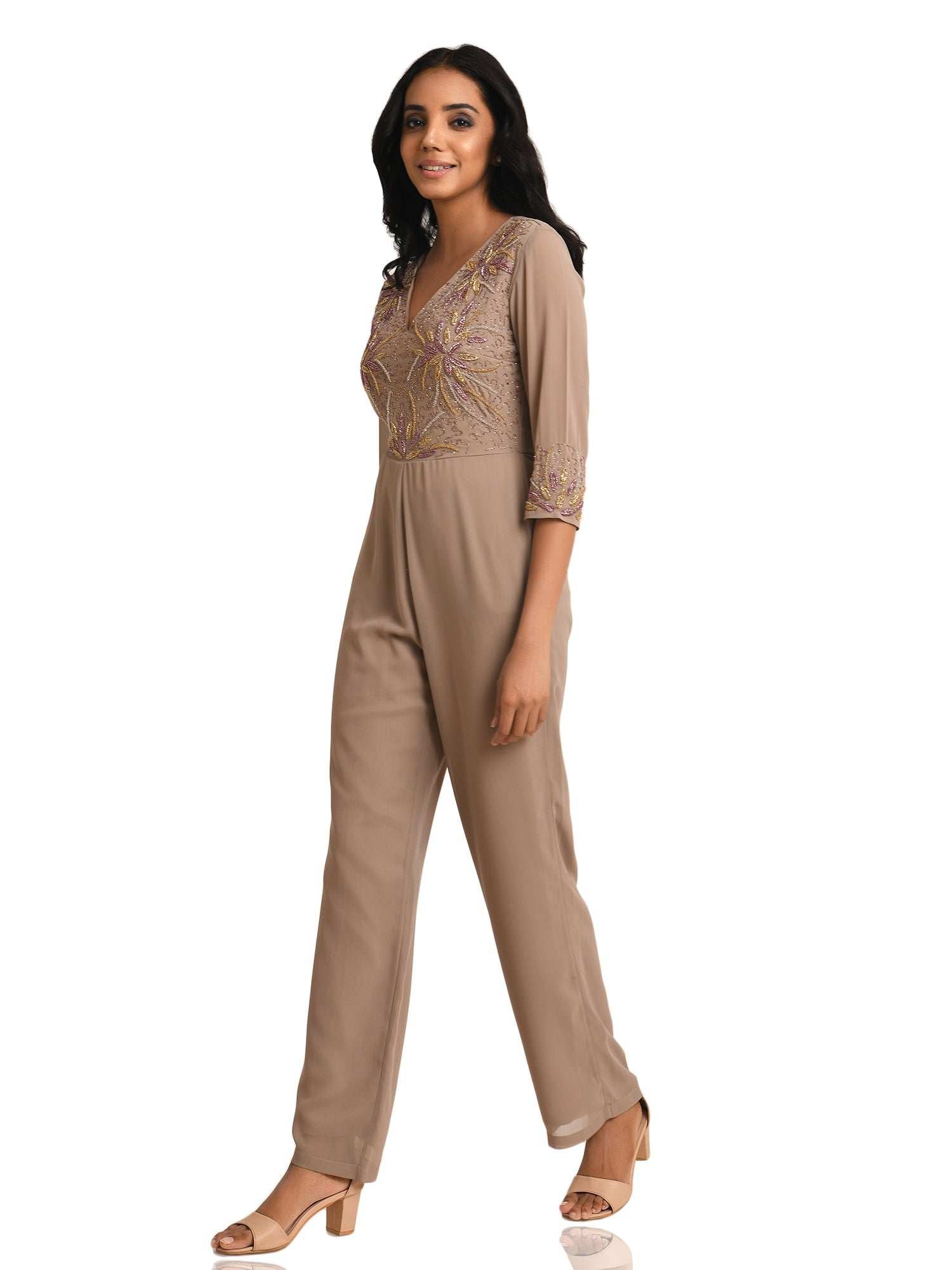 petite nude floral embroidered jumpsuit