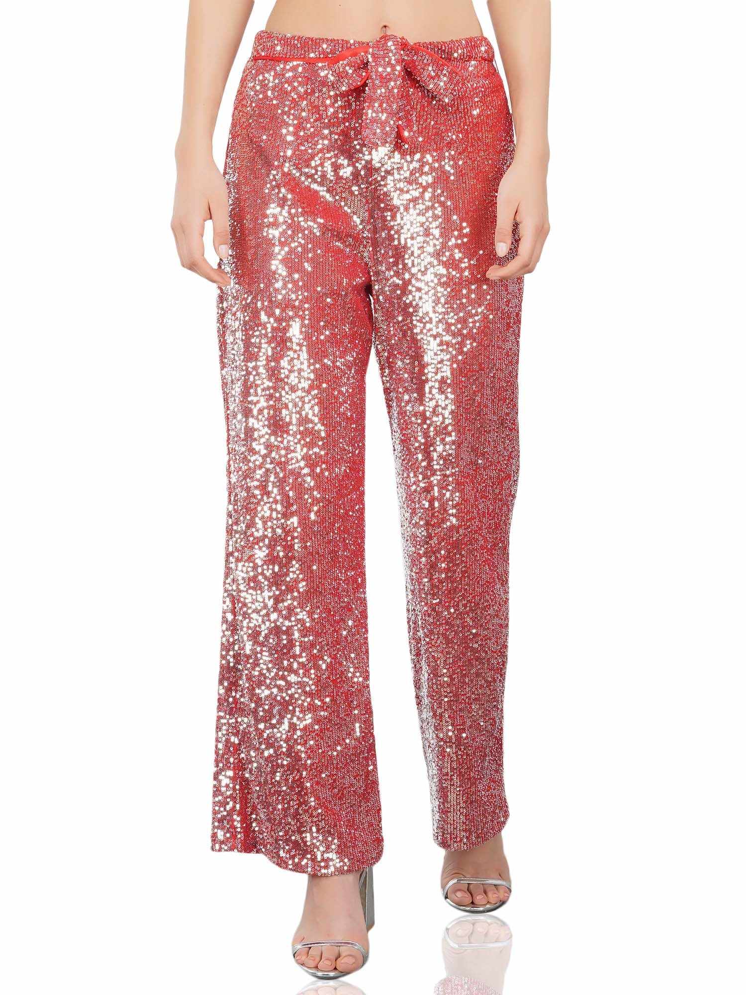 red sequined tulle high rise pants