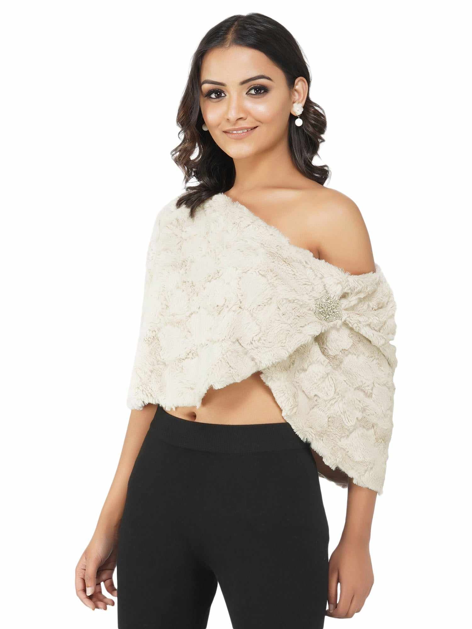 teddy faux fur cape with silver crystals broach