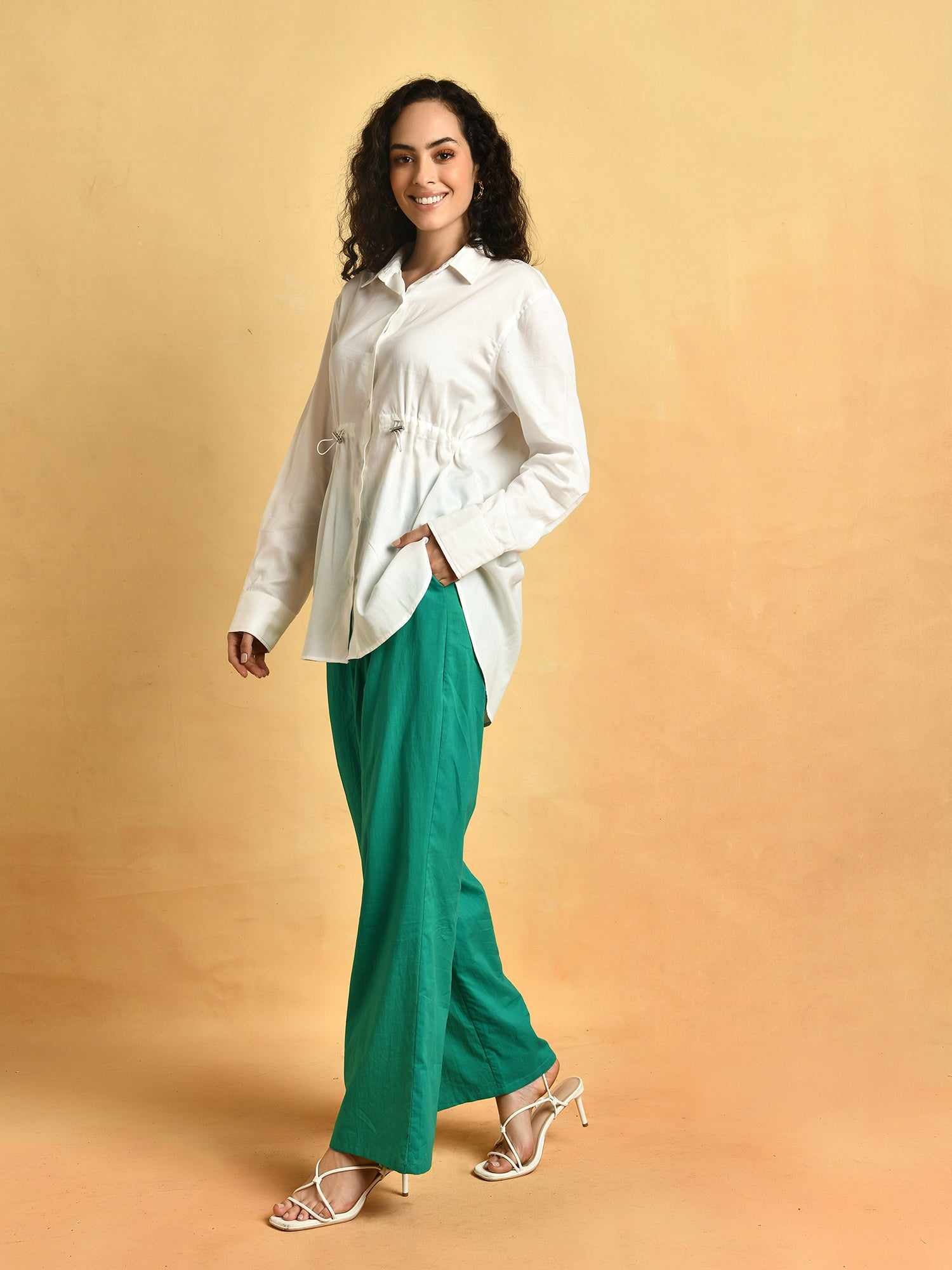 white cinched shirt with toggle