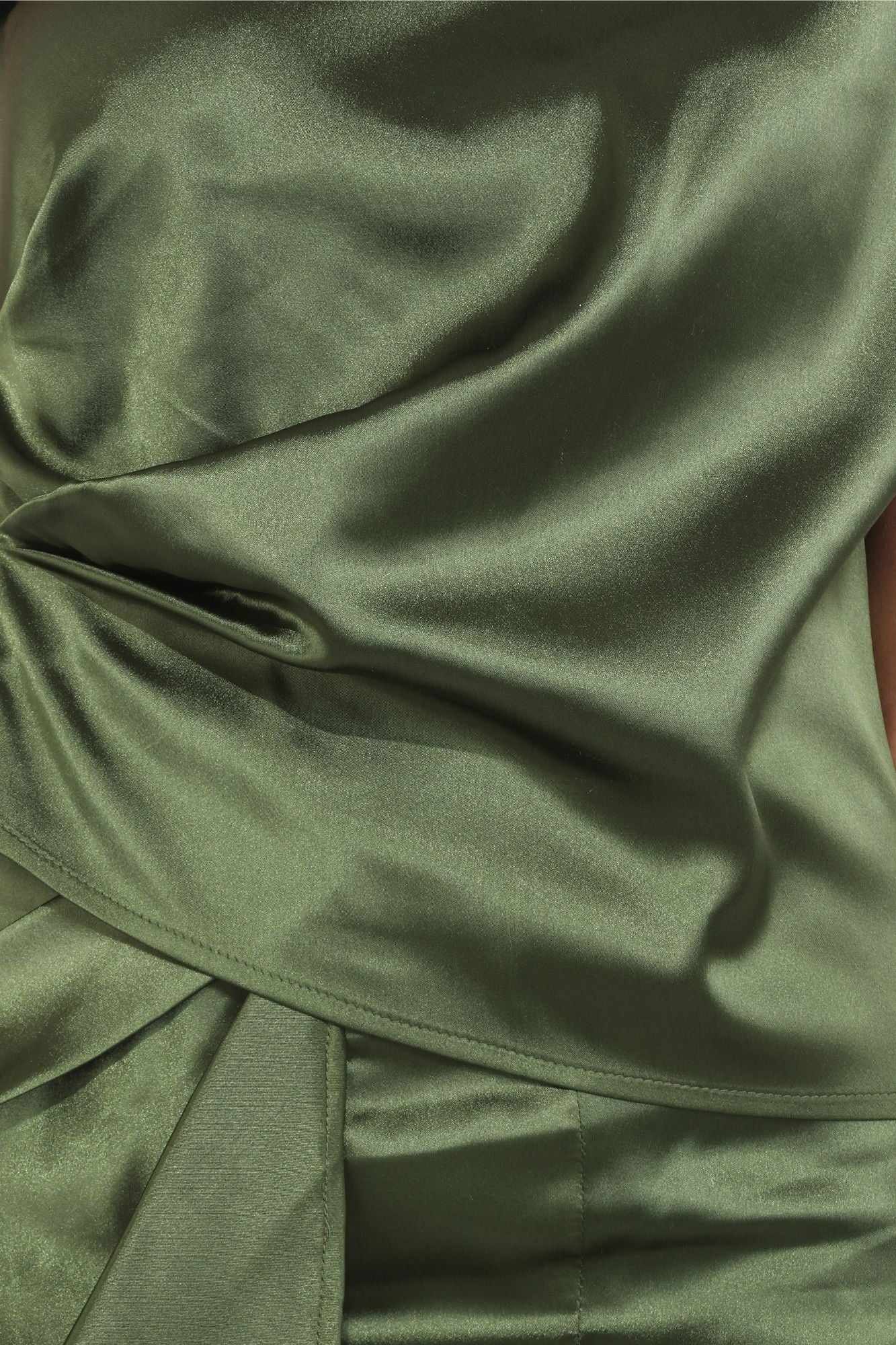 shiny satin olive green pleated wrap skirt
