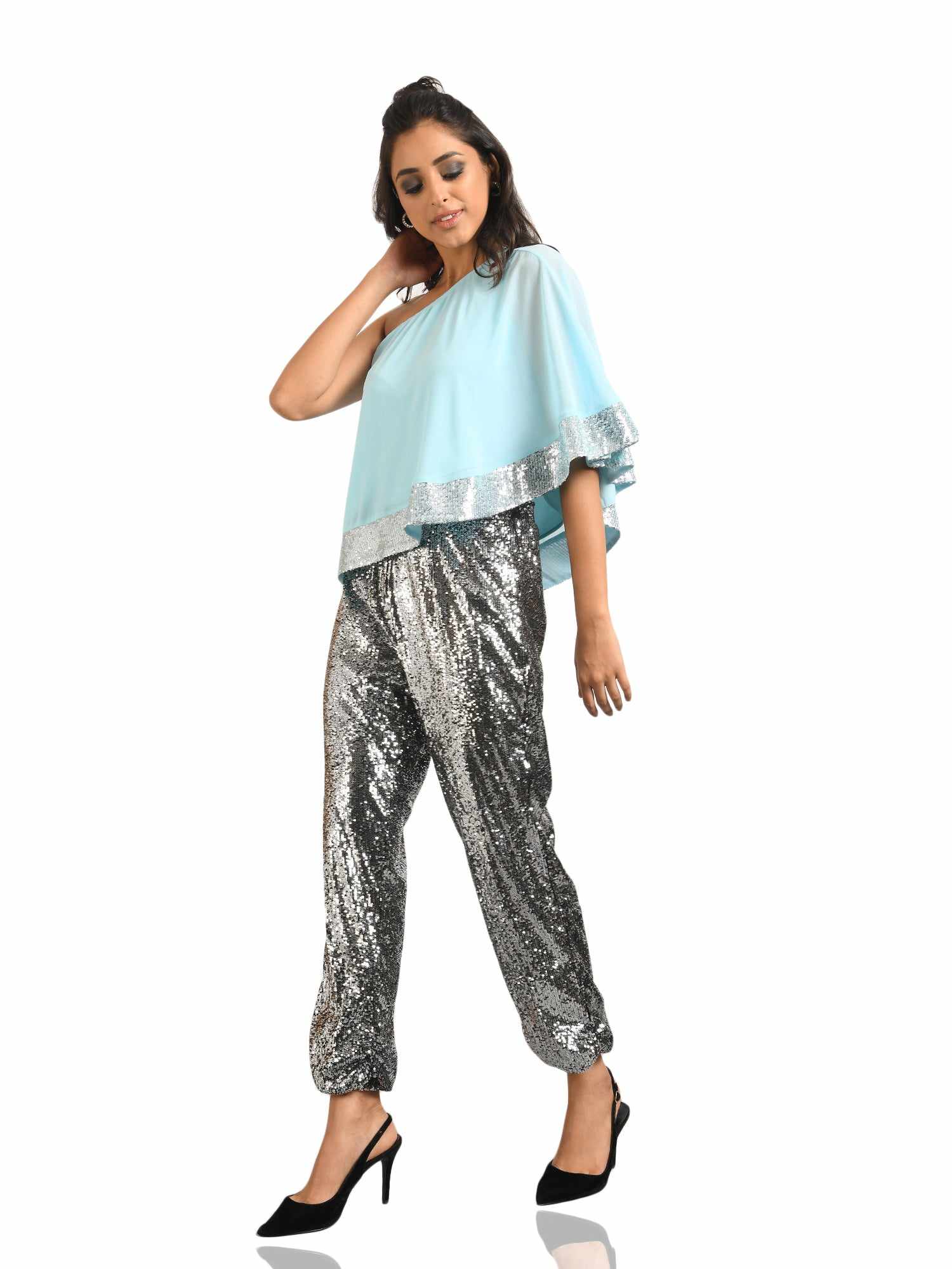 one shoulder cape blue top  