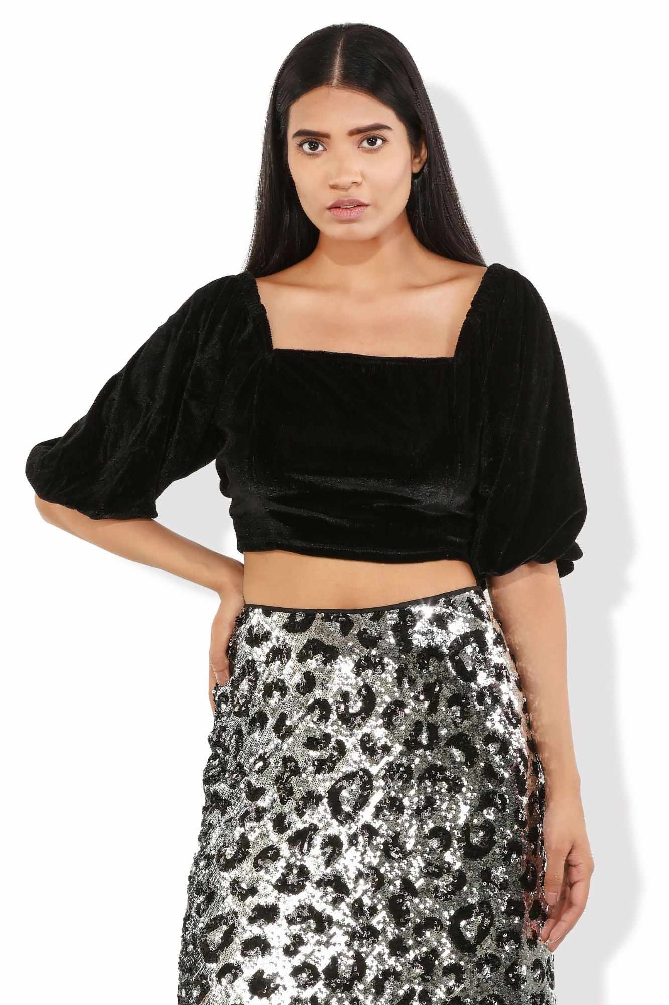 black plush velvet billowy sleeves blouse