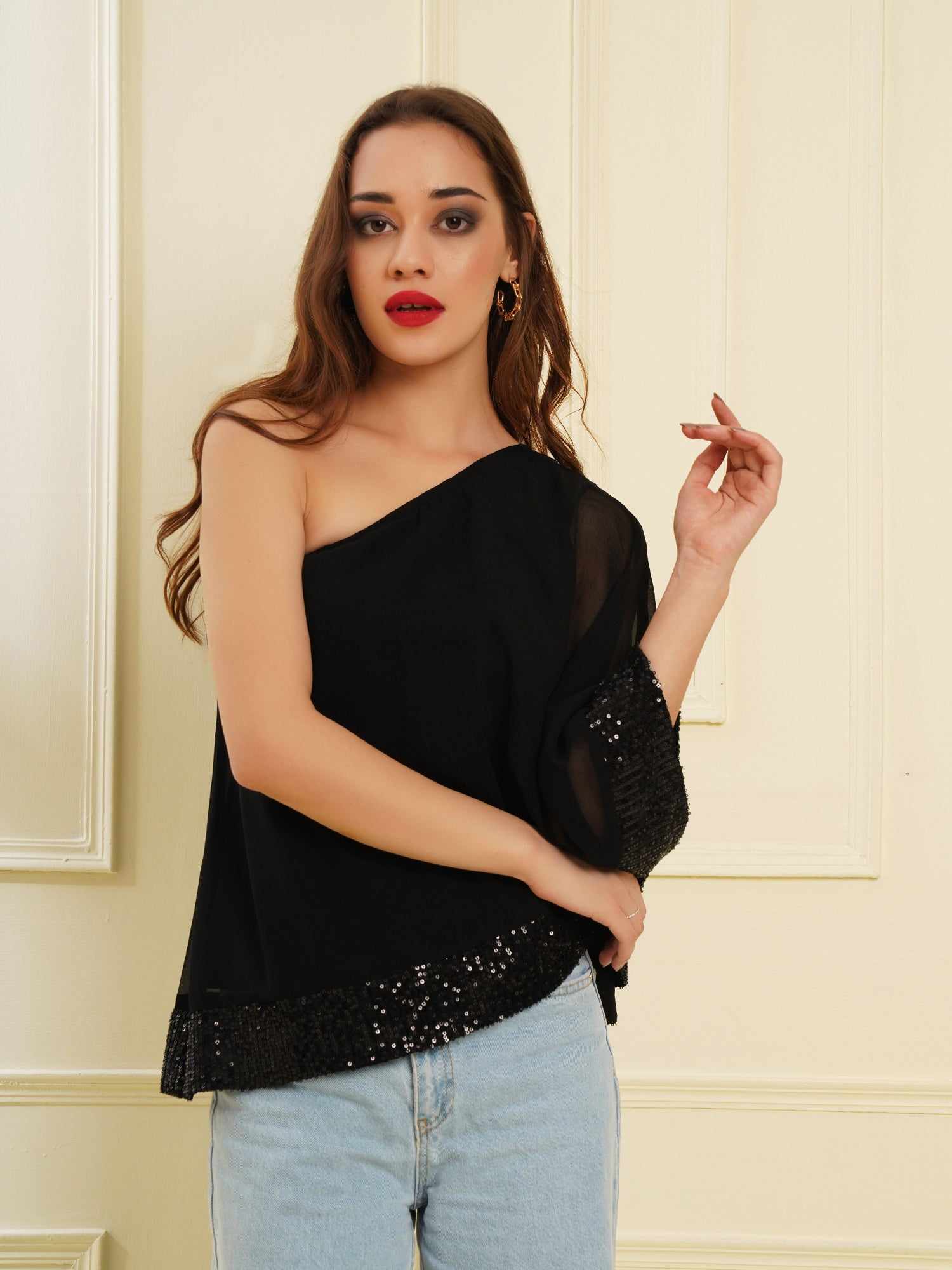 one shoulder cape black top