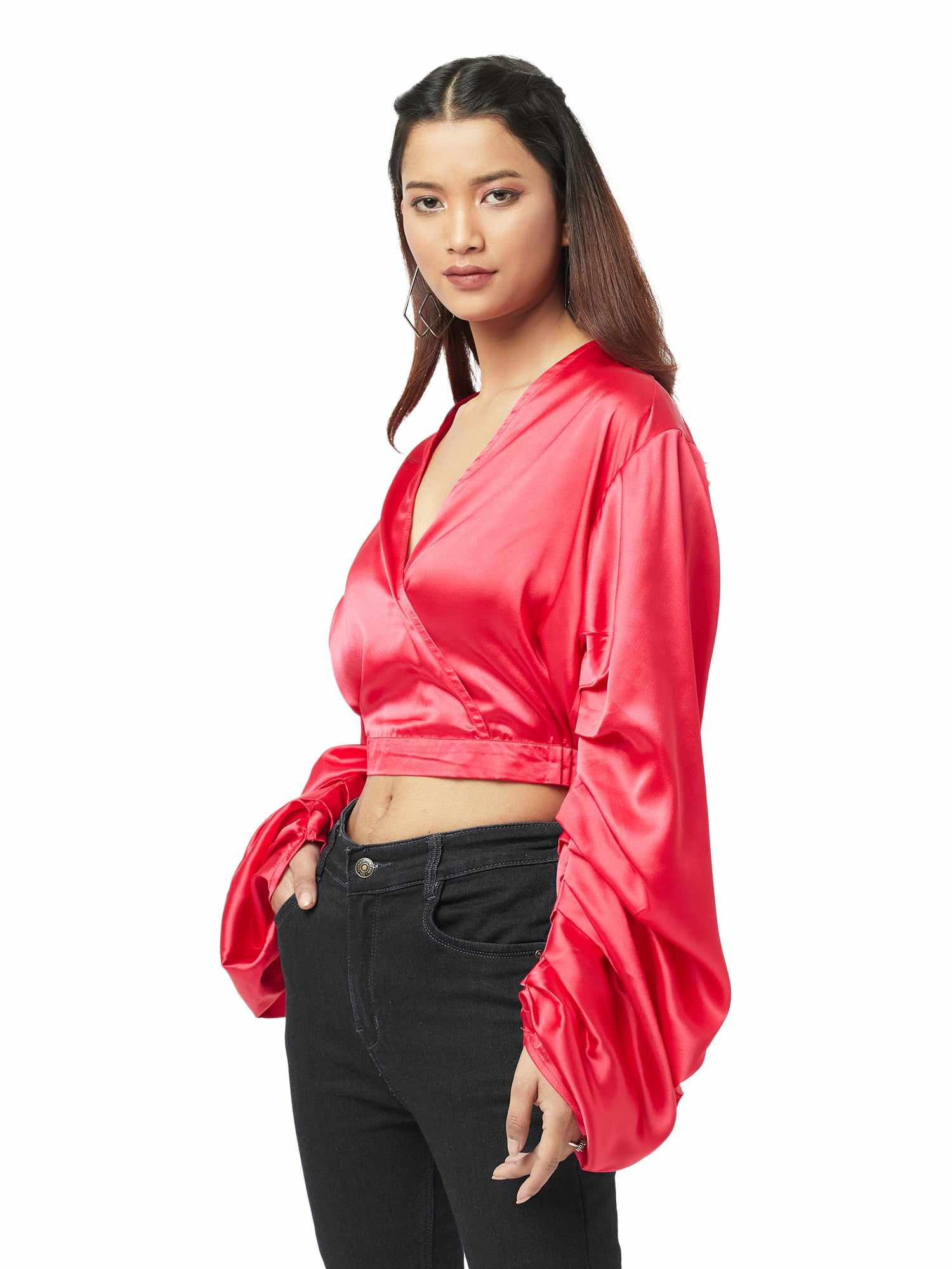 folksy pearl red satiny crop top