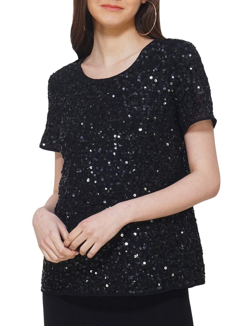 black sequin half sleeve top