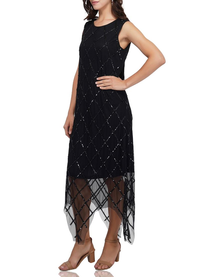diagonal grid black sequin dress